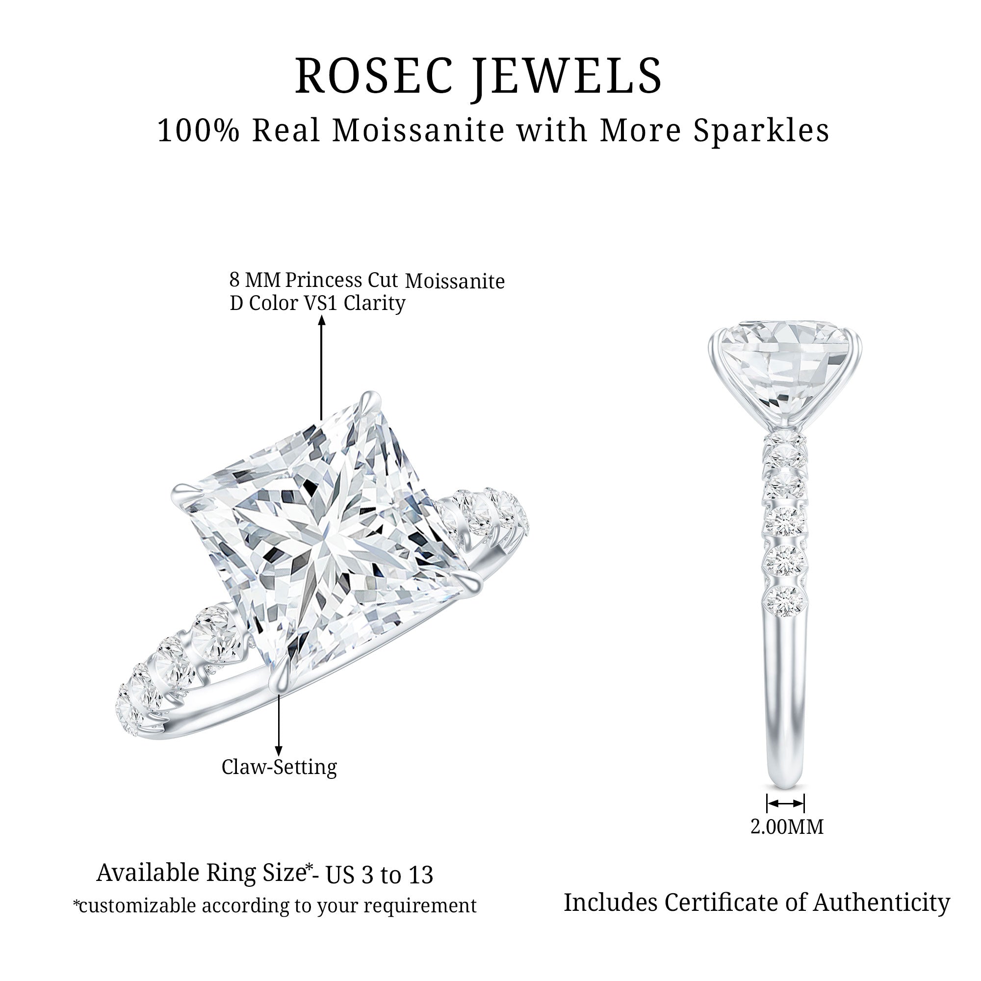 Rosec Jewels-IGI Certified Lab Grown Diamond 3 Carat Square Cut Engagement Ring
