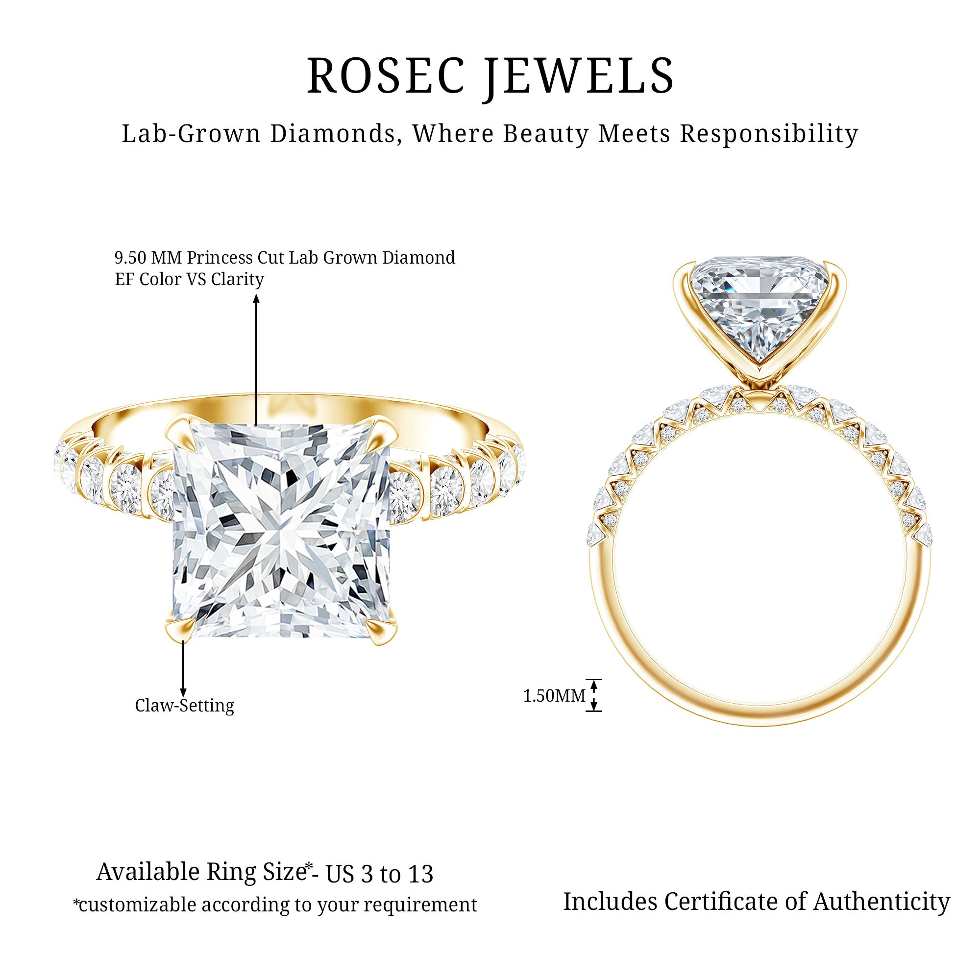 Princess Cut 5 Carat Lab Grown Big Diamond Engagement Ring IGI Certified Lab - ( E-VS1 ) - Rosec Jewels