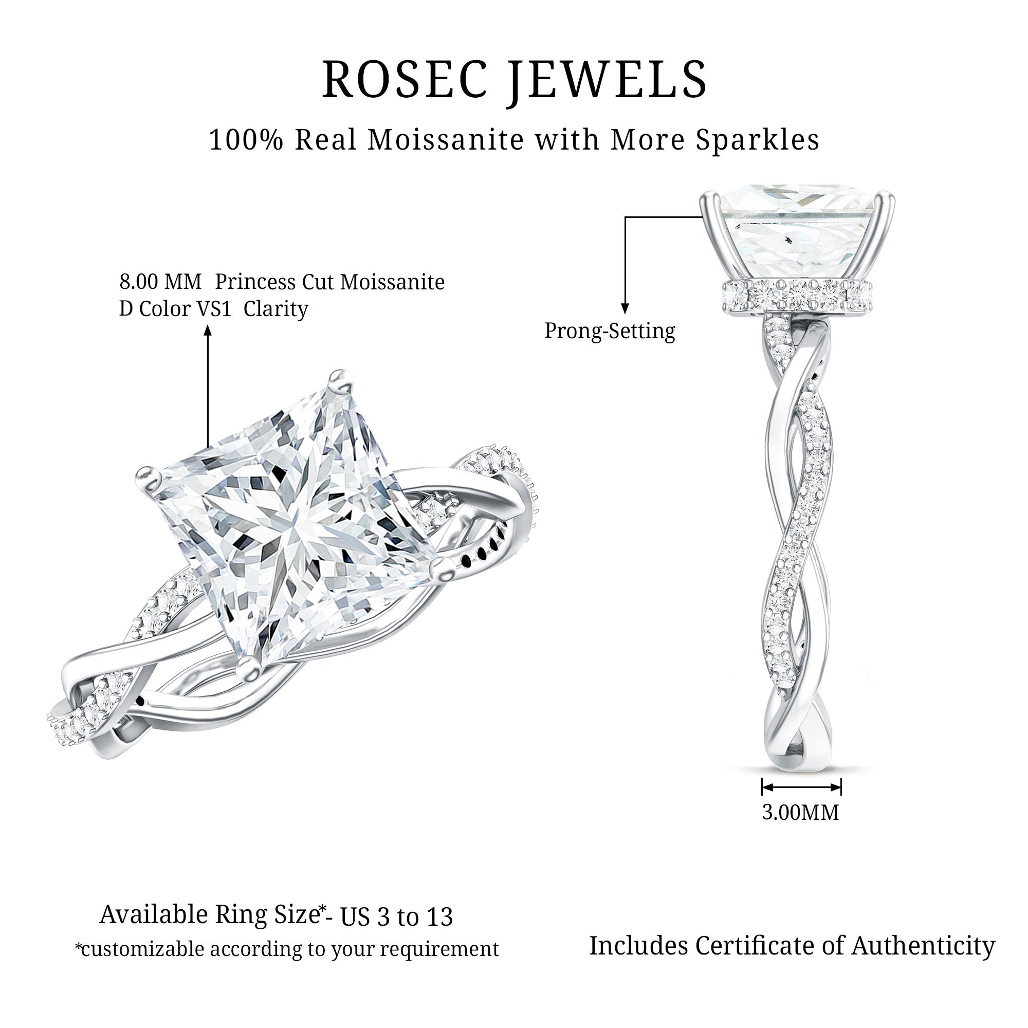 Rosec Jewels-Princess Cut 4 Carat Lab Grown Diamond Braided Engagement Ring IGI Certified