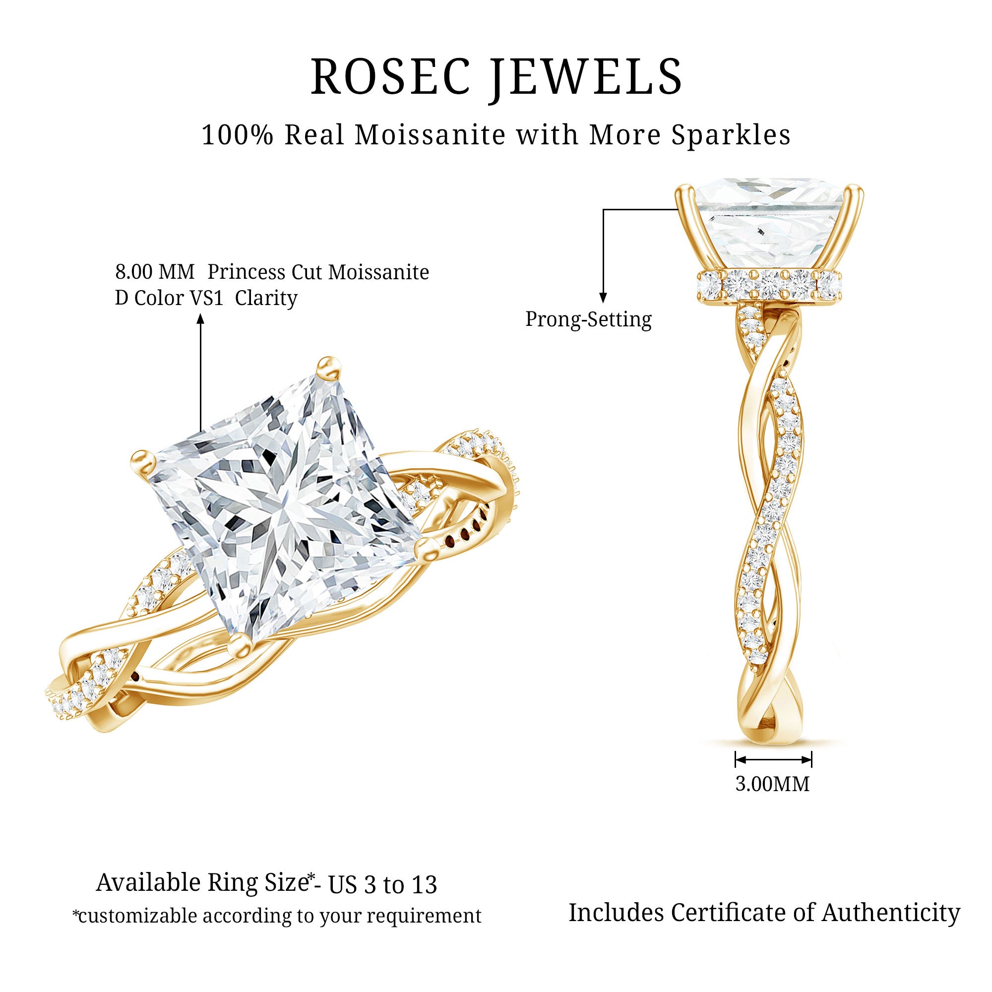 Rosec Jewels-Princess Cut 4 Carat Lab Grown Diamond Braided Engagement Ring IGI Certified