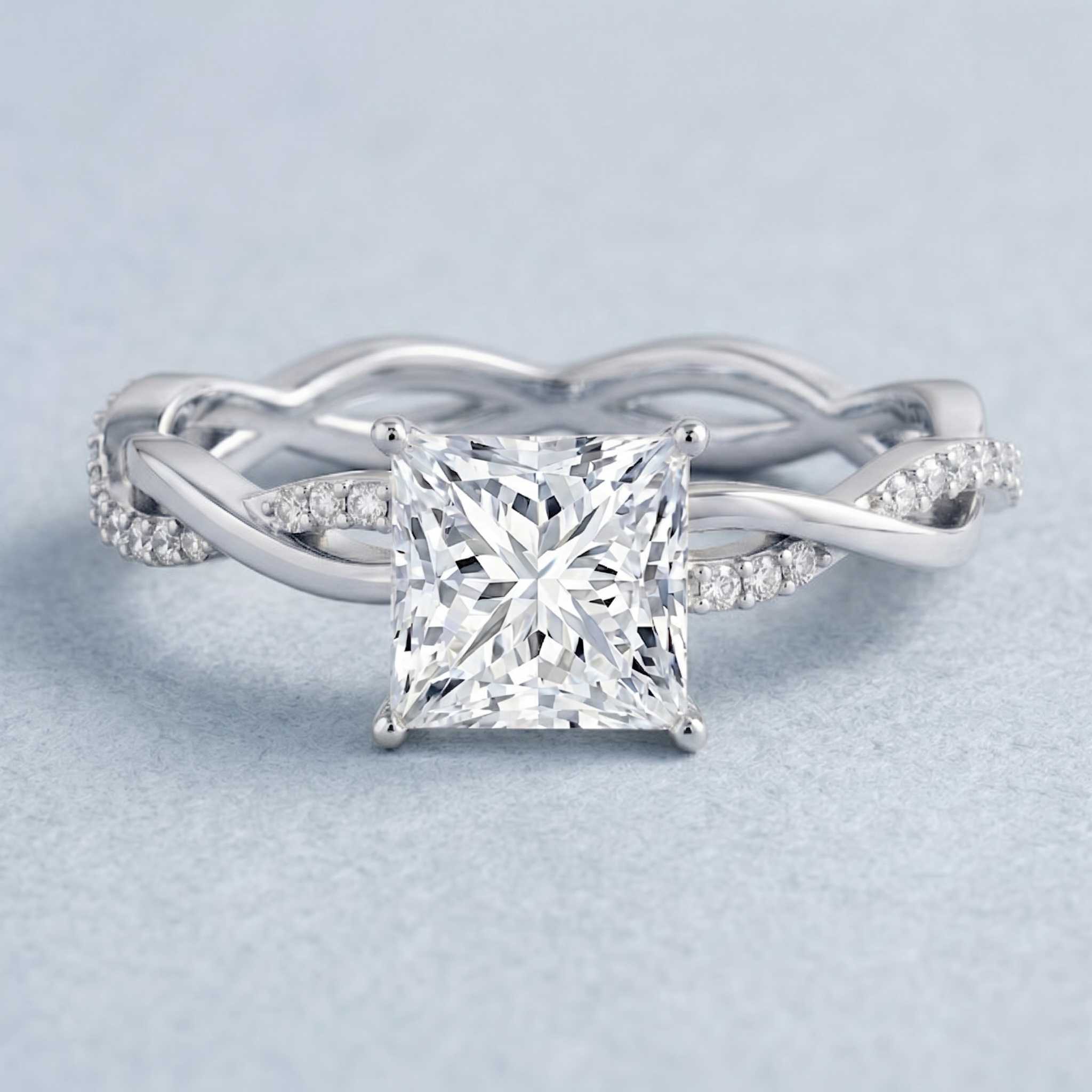 IGI Certified 2 Carat Princess Cut Lab Diamond Braided Engagement Ring with Hidden Halo Lab - ( E-VS1 ) - Rosec Jewels