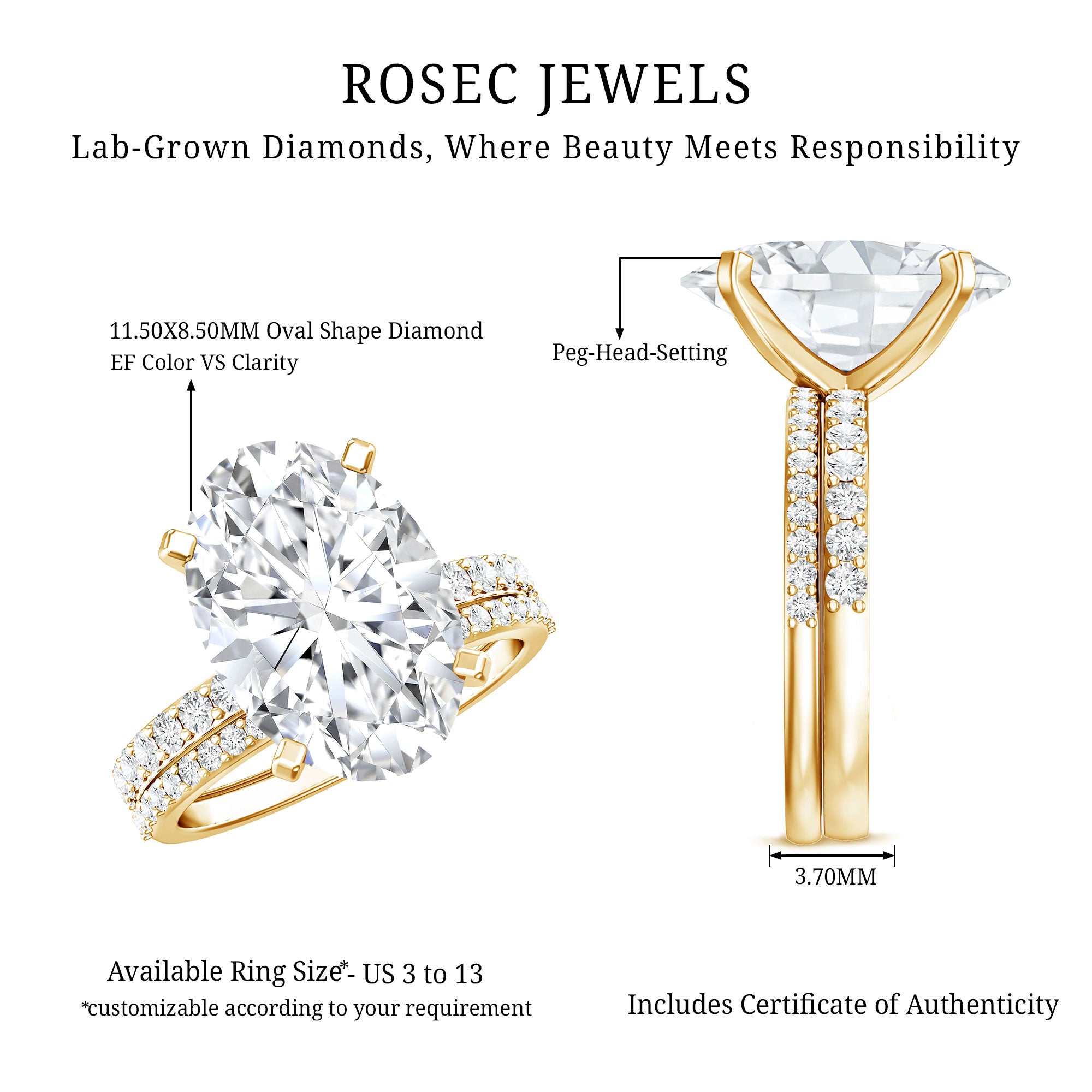 Rosec Jewels-4 Carat Huge Oval Lab Grown Diamond Solitaire Bridal Ring Set with IGI Certificate