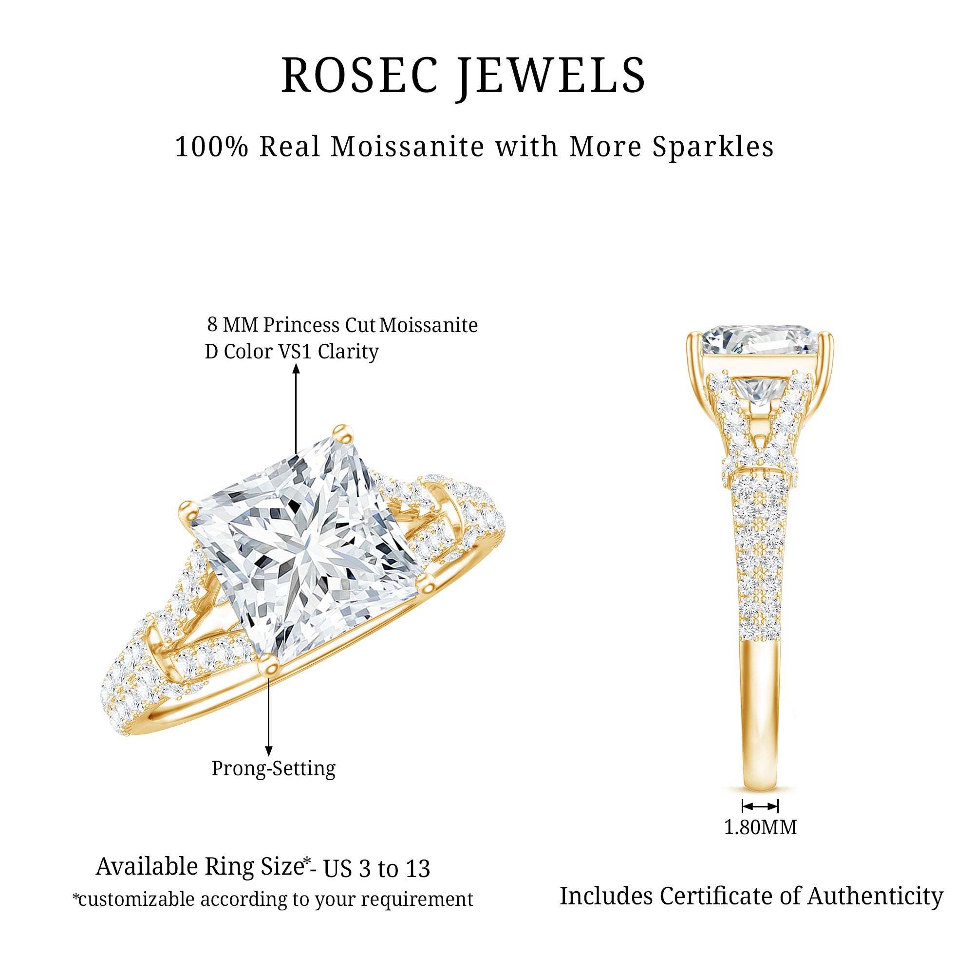 3 Carat Princess Cut Lab Grown Diamond Split Shank Engagement Ring IGI Certified Lab - ( E-VS1 ) - Rosec Jewels