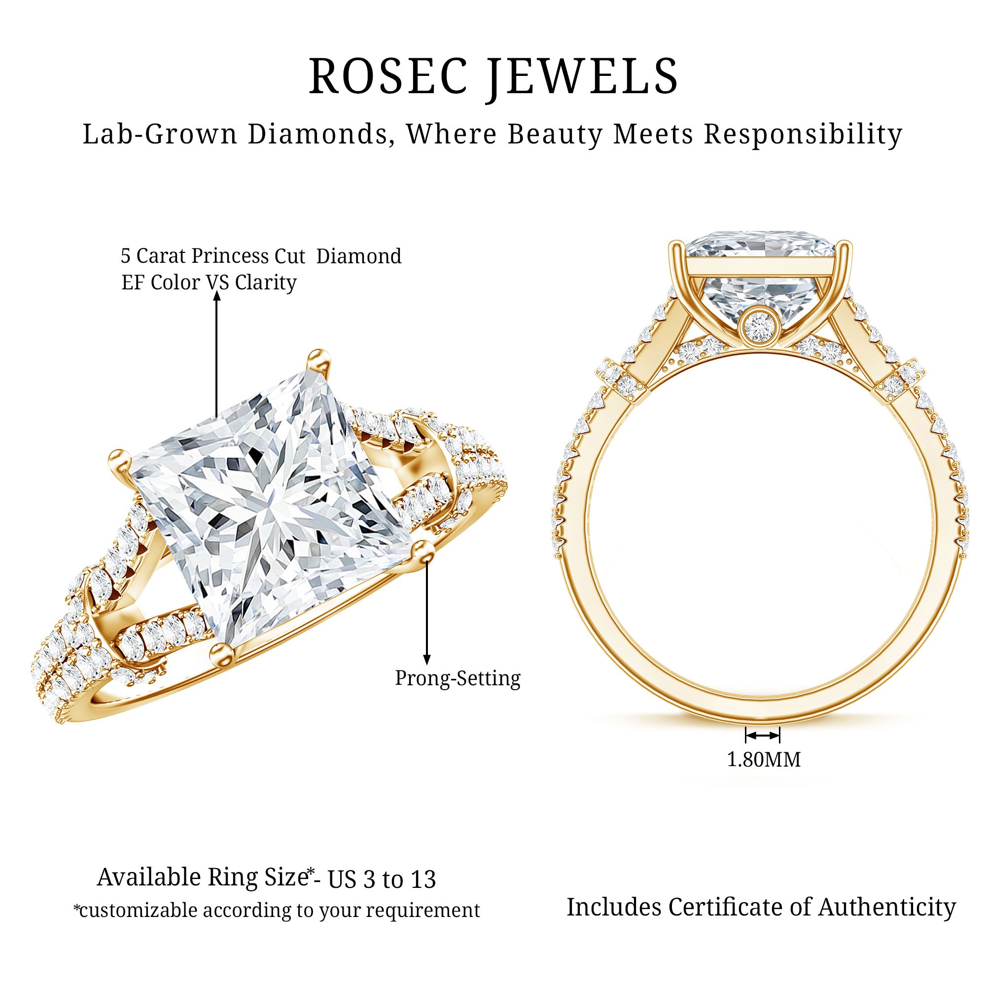 Rosec Jewels-IGI Certified Big 5 Carat Lab Grown Diamond Princess Cut Engagement Ring with Split Shank