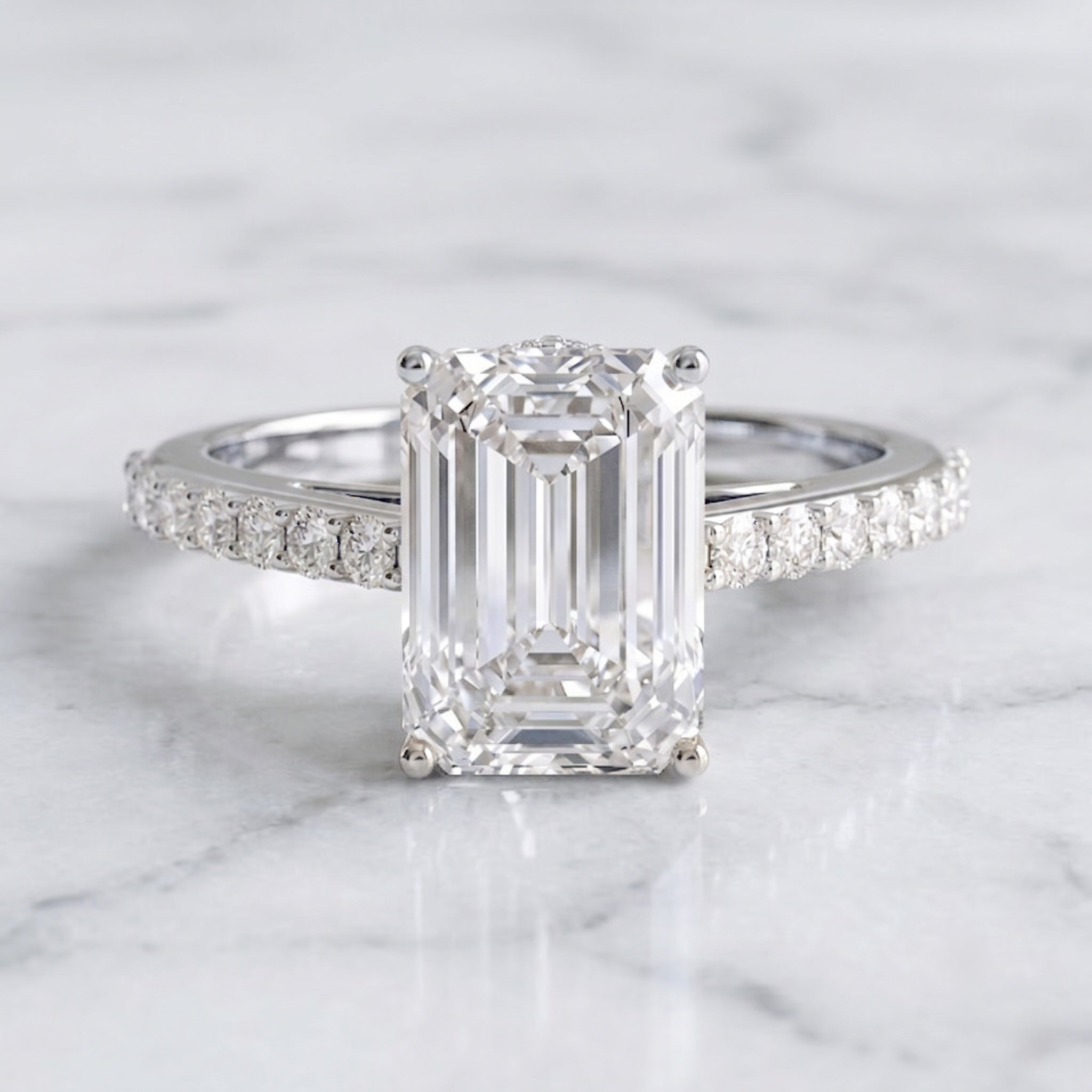 Emerald Cut Lab Grown Diamond Hidden Halo Engagement Ring 3 Carat IGI Certified Lab - ( E-VS1 ) - Rosec Jewels
