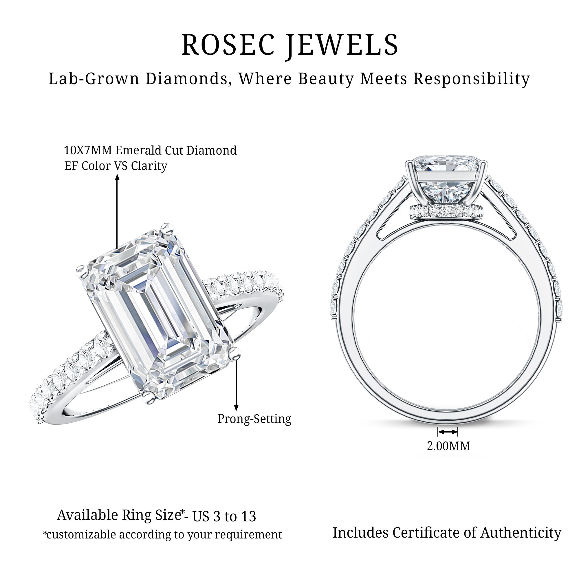 Rosec Jewels-IGI Certified 4 Carat Emerald Cut Lab Grown Diamond Engagement Ring with Hidden Halo
