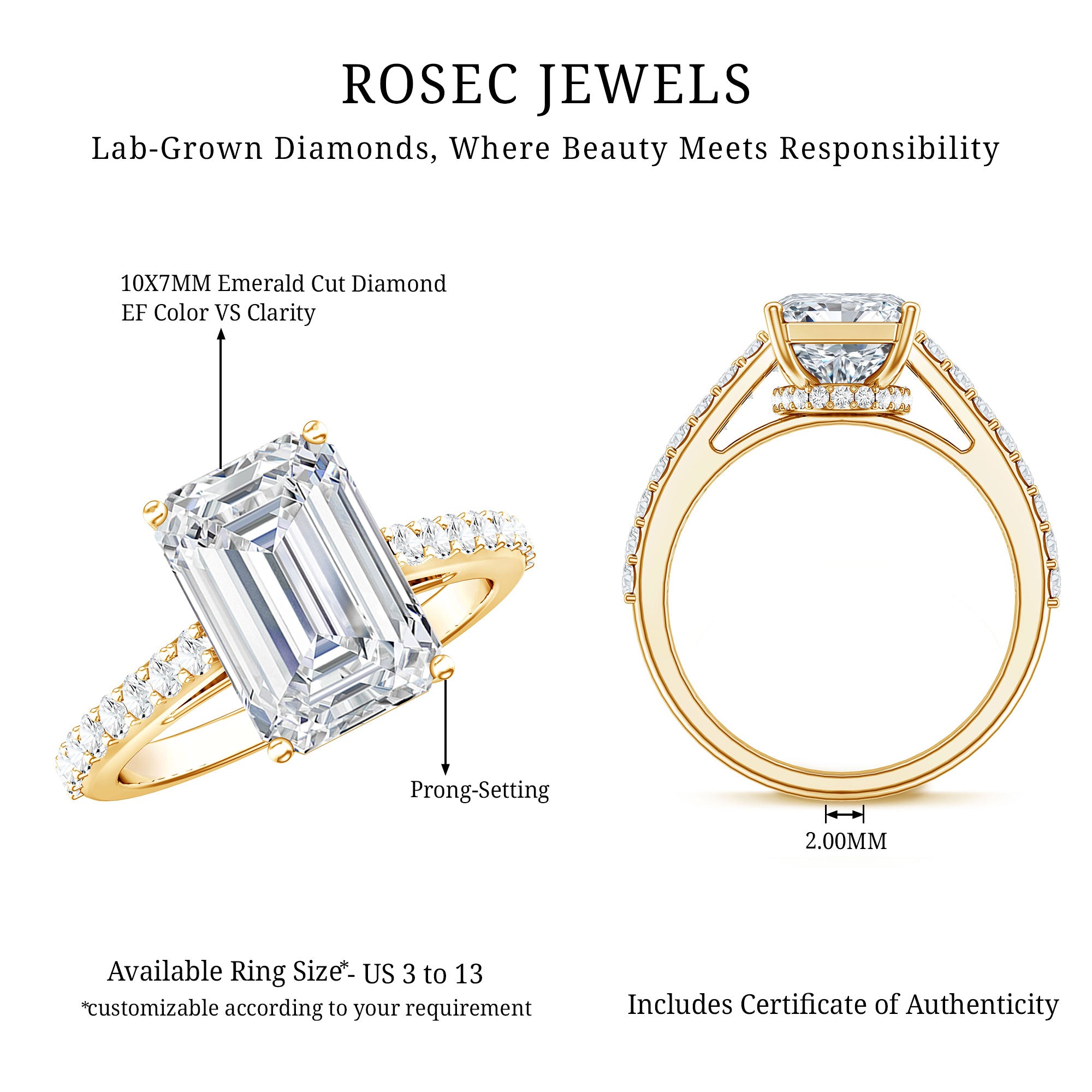 Rosec Jewels-IGI Certified 4 Carat Emerald Cut Lab Grown Diamond Engagement Ring with Hidden Halo