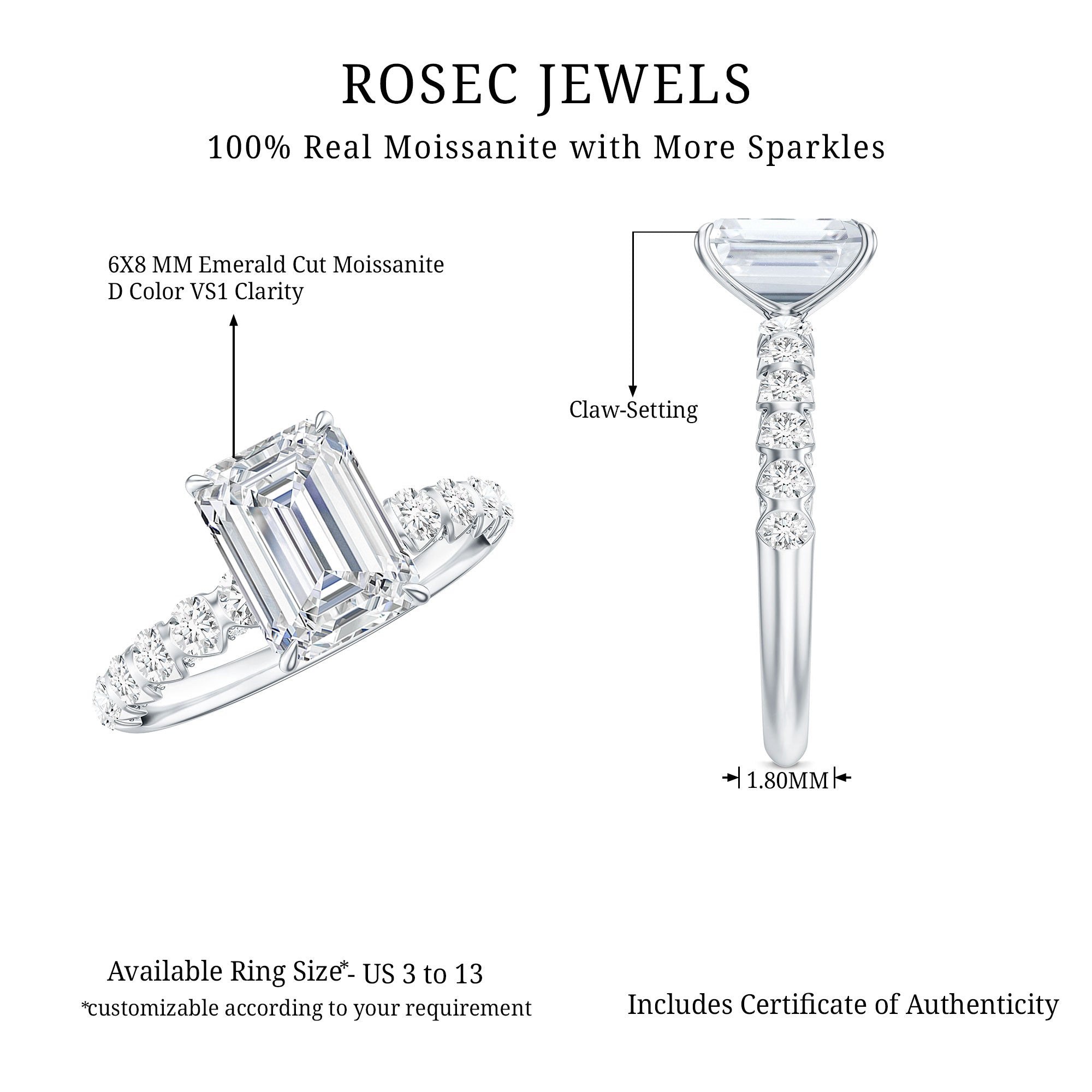 IGI Certified Lab Grown Diamond 2 Carat Emerald Cut Engagement Ring Lab - ( EF-VS ) - Rosec Jewels