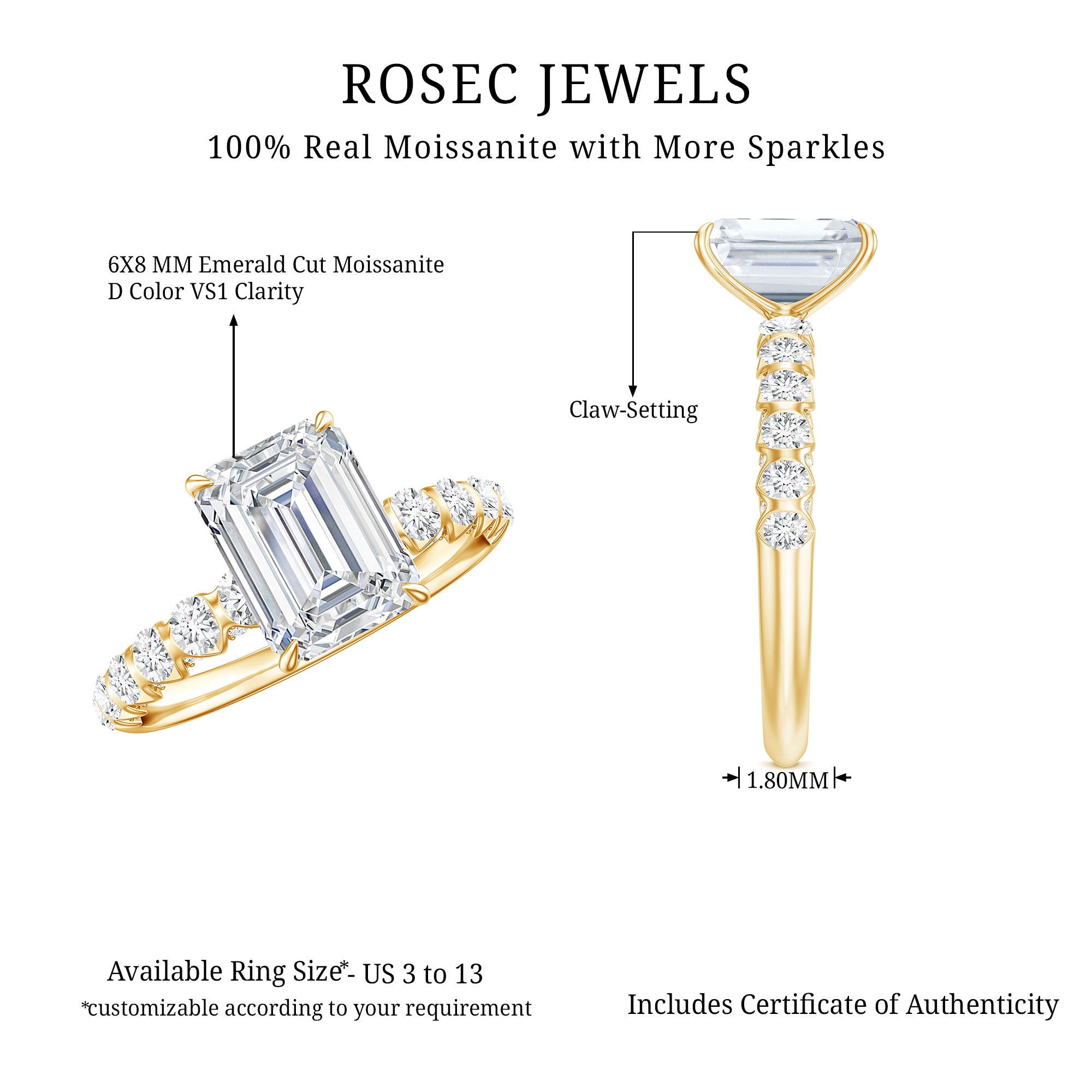 IGI Certified Lab Grown Diamond 2 Carat Emerald Cut Engagement Ring Lab - ( EF-VS ) - Rosec Jewels