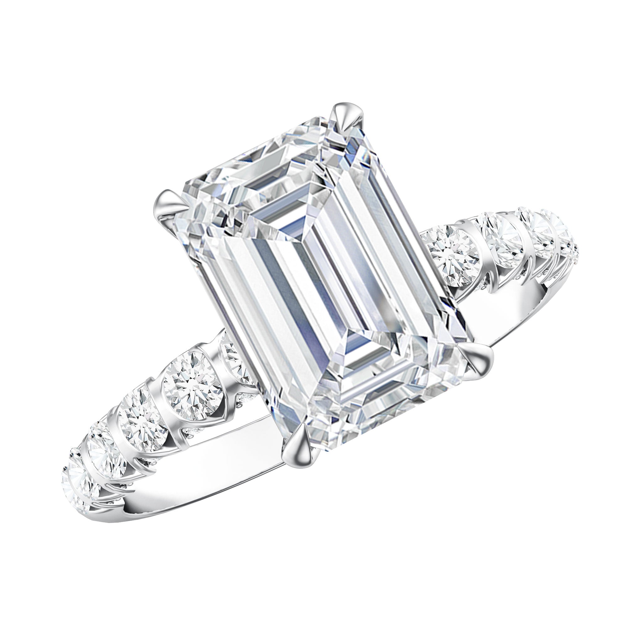 Rosec Jewels-IGI Certified 3 Carat Emerald Cut Lab Grown Diamond Engagement Ring with Side Stones