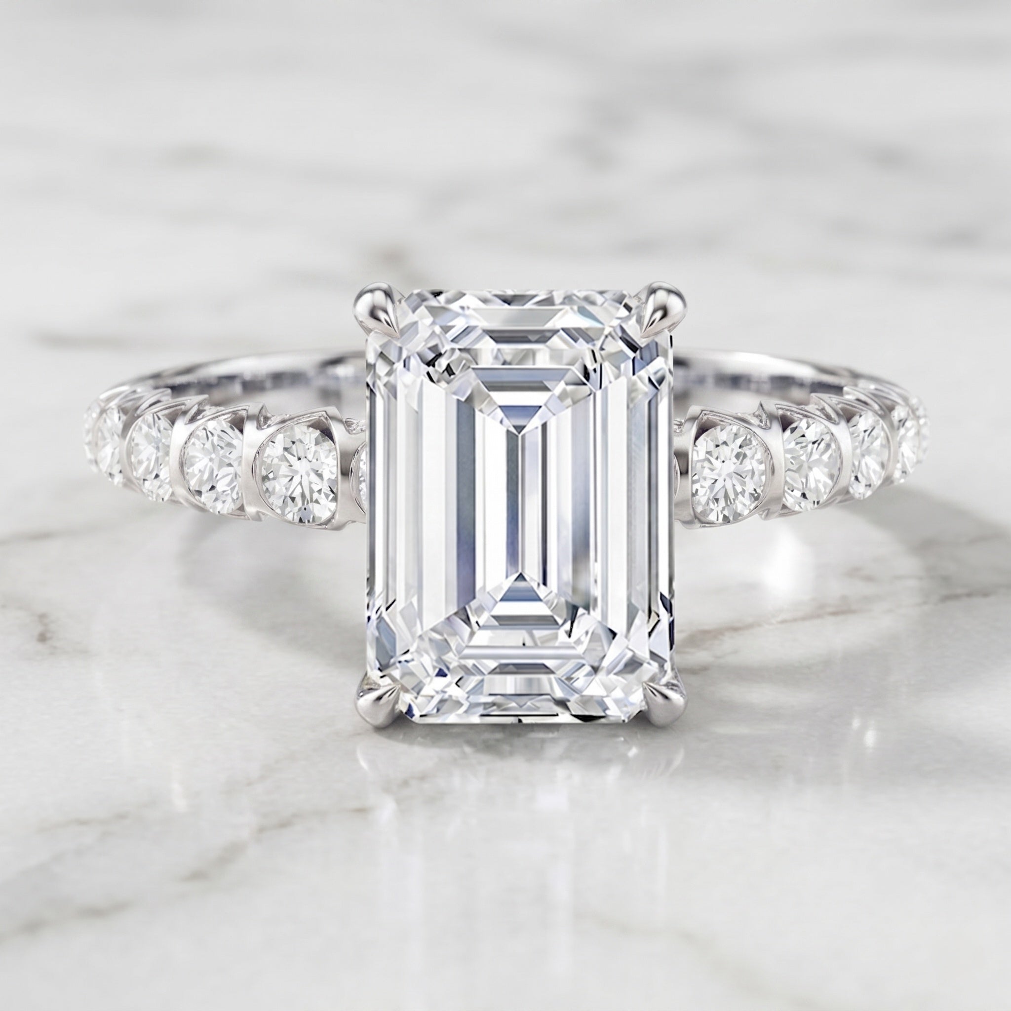 IGI Certified 3 Carat Emerald Cut Lab Grown Diamond Engagement Ring with Side Stones Lab - ( E-VS1 ) - Rosec Jewels