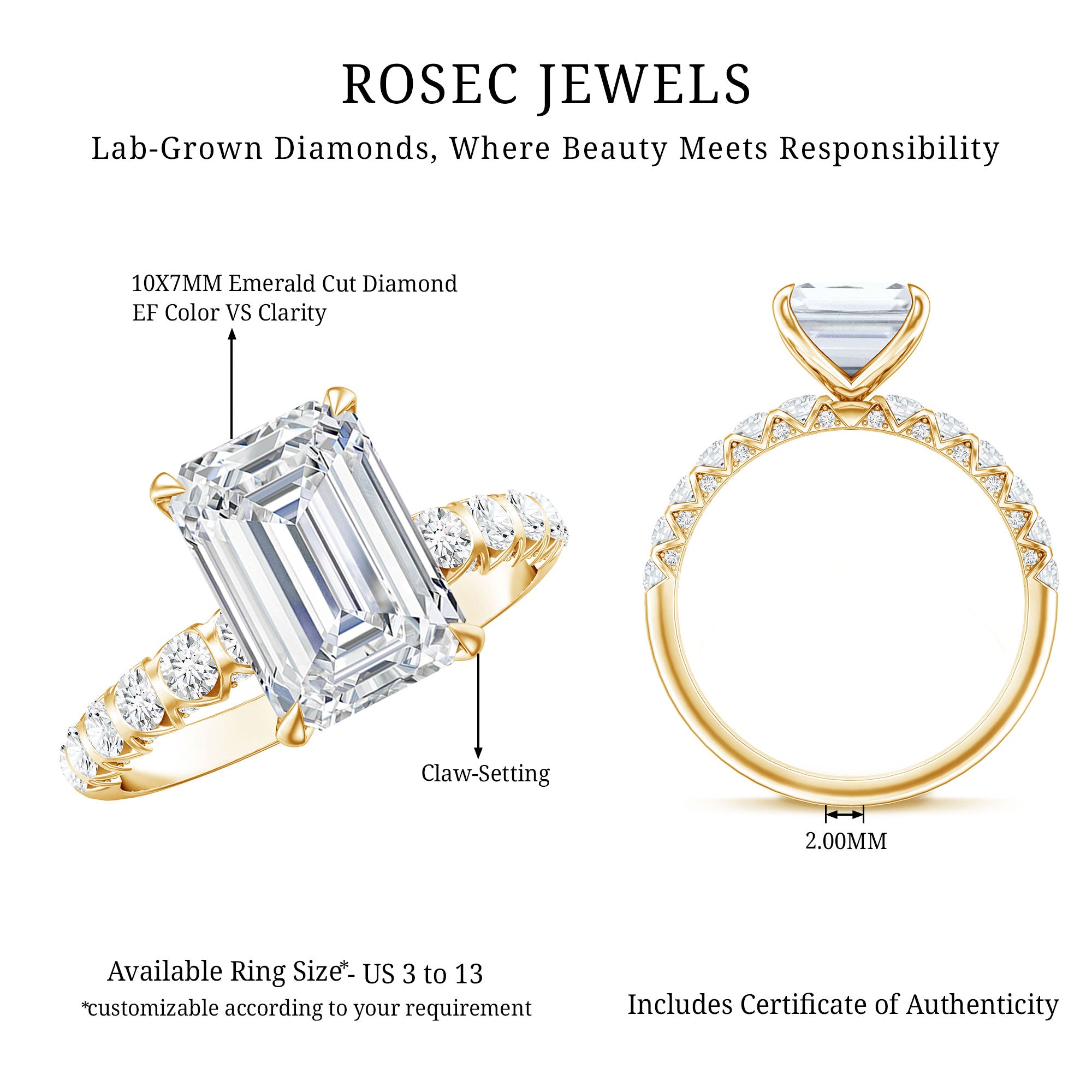 Rosec Jewels-IGI Certified 3 Carat Emerald Cut Lab Grown Diamond Engagement Ring with Side Stones