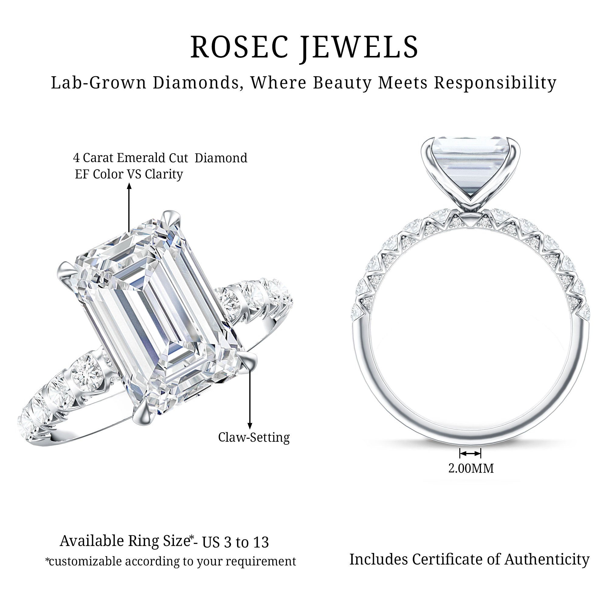 Rosec Jewels-Lab Grown Diamond 4 Carat Emerald Cut Engagement Ring IGI Certified