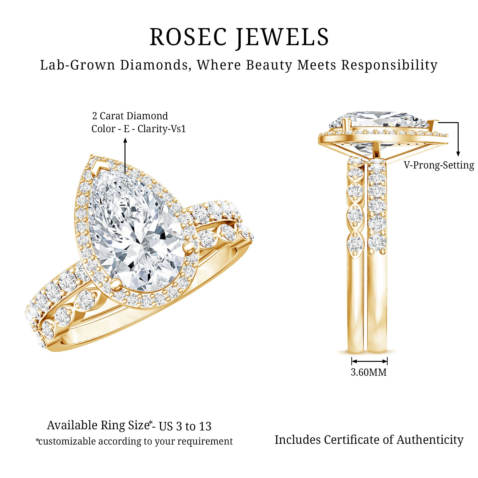 Rosec Jewels-2 Carat Lab Grown Diamond Teardrop Wedding Ring Set with IGI Certificate