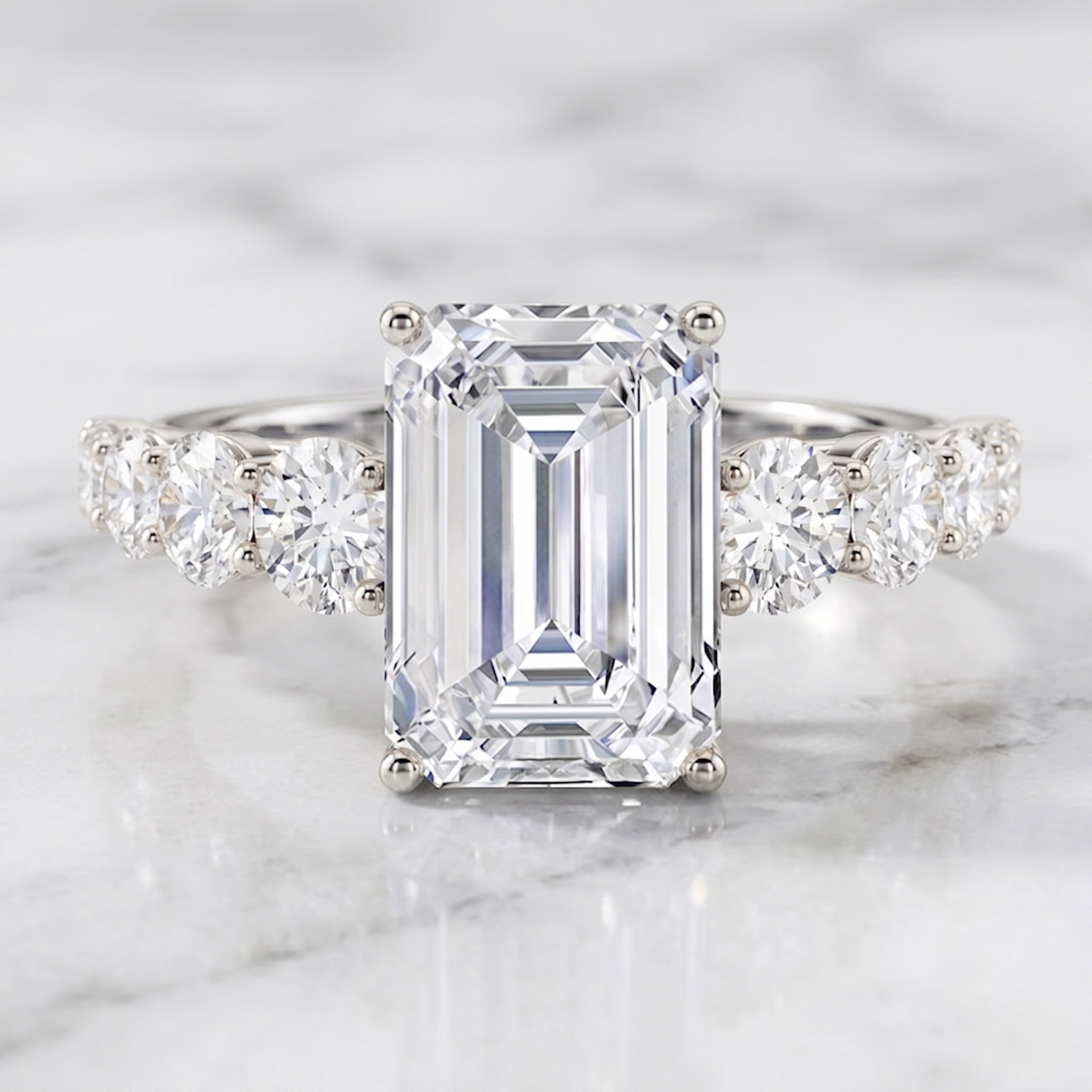 Emerald Cut 4 Carat Lab Grown Diamond Side Stone Engagement Ring with IGI Certificate Lab - ( E-VS1 ) - Rosec Jewels