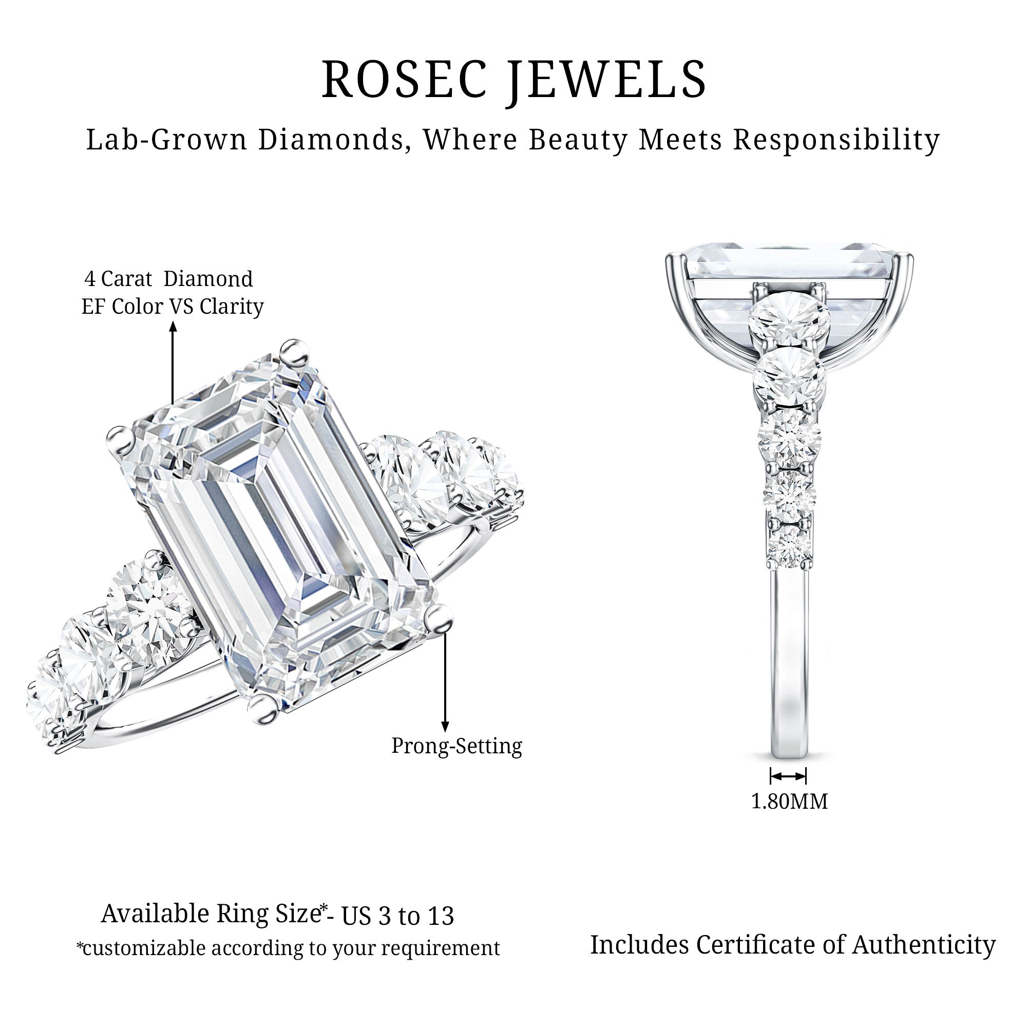 IGI Certified 5 Carat Big Lab Grown Diamond Emerald Cut Engagement Ring with Side Stones Lab - ( E-VS1 ) - Rosec Jewels