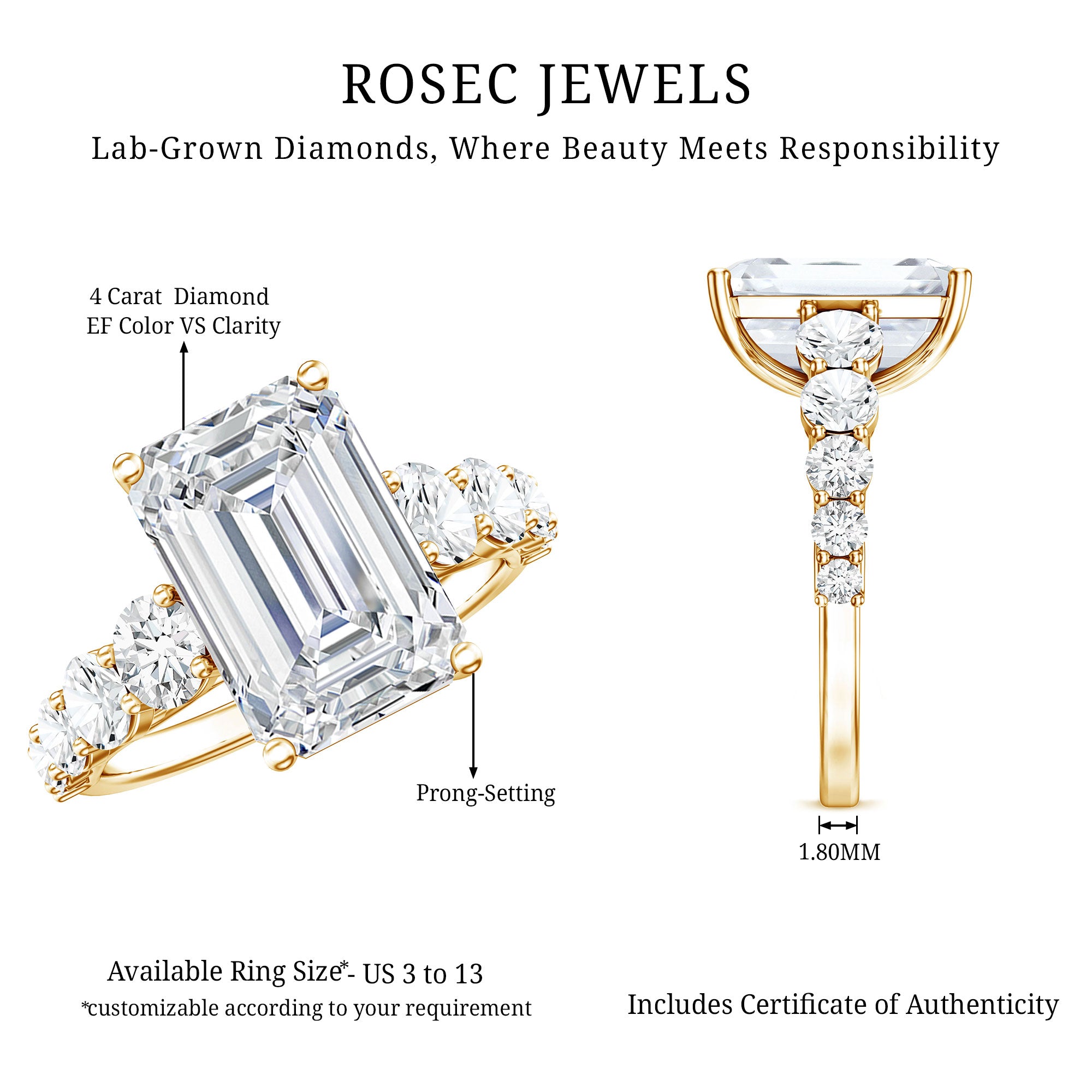 IGI Certified 5 Carat Big Lab Grown Diamond Emerald Cut Engagement Ring with Side Stones Lab - ( E-VS1 ) - Rosec Jewels