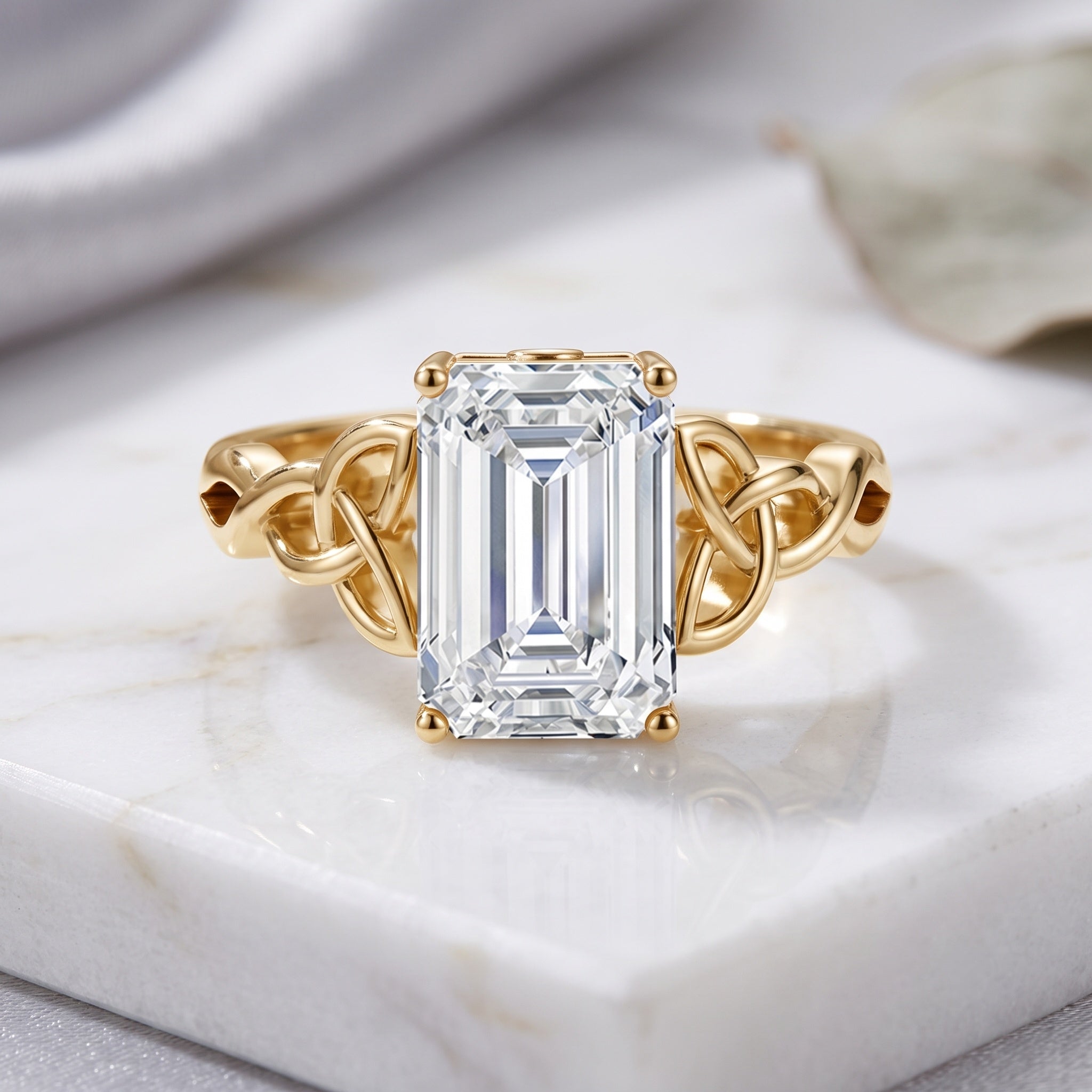 IGI Certified 4 Carat Emerald Cut Lab Grown Diamond Engagement Ring with Celtic Knot Lab - ( E-VS1 ) - Rosec Jewels