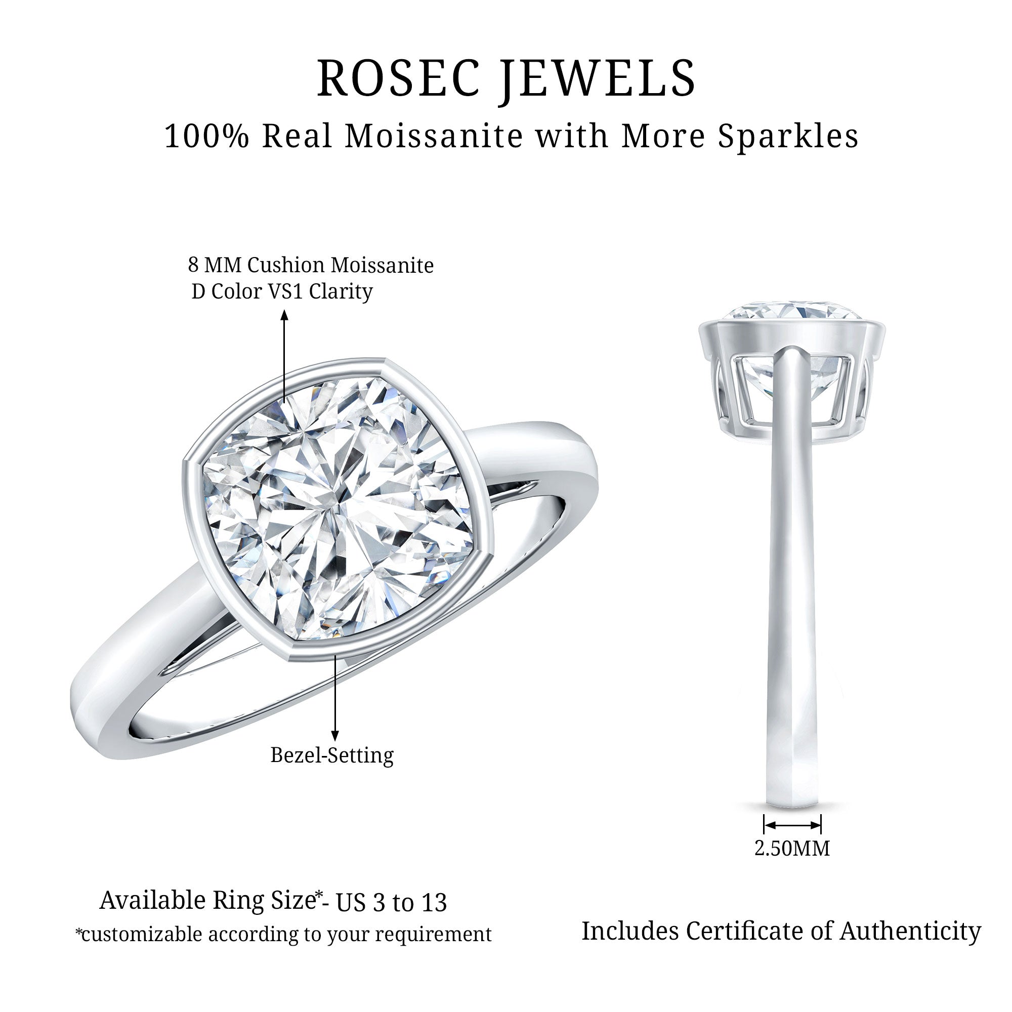 Rosec Jewels-3 Carat Solitaire Cushion Cut Lab Grown Diamond Bezel Engagement Ring with IGI Certificate
