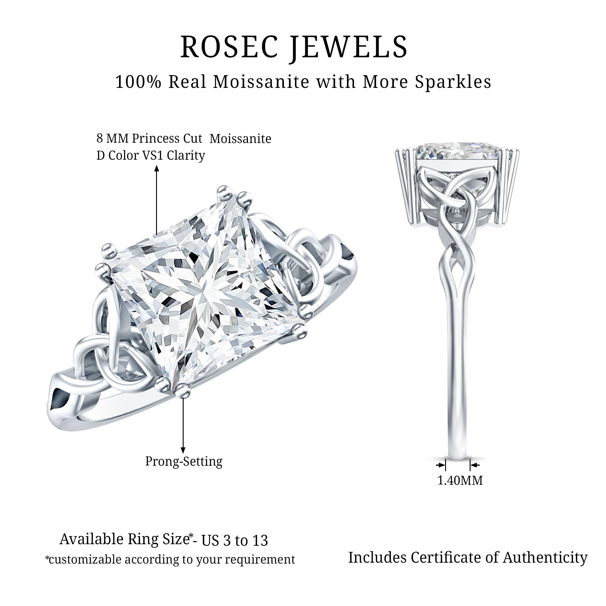 Rosec Jewels-Solitaire 4 Carat Princess Cut Lab Grown Diamond Knot Engagement Ring IGI Certified