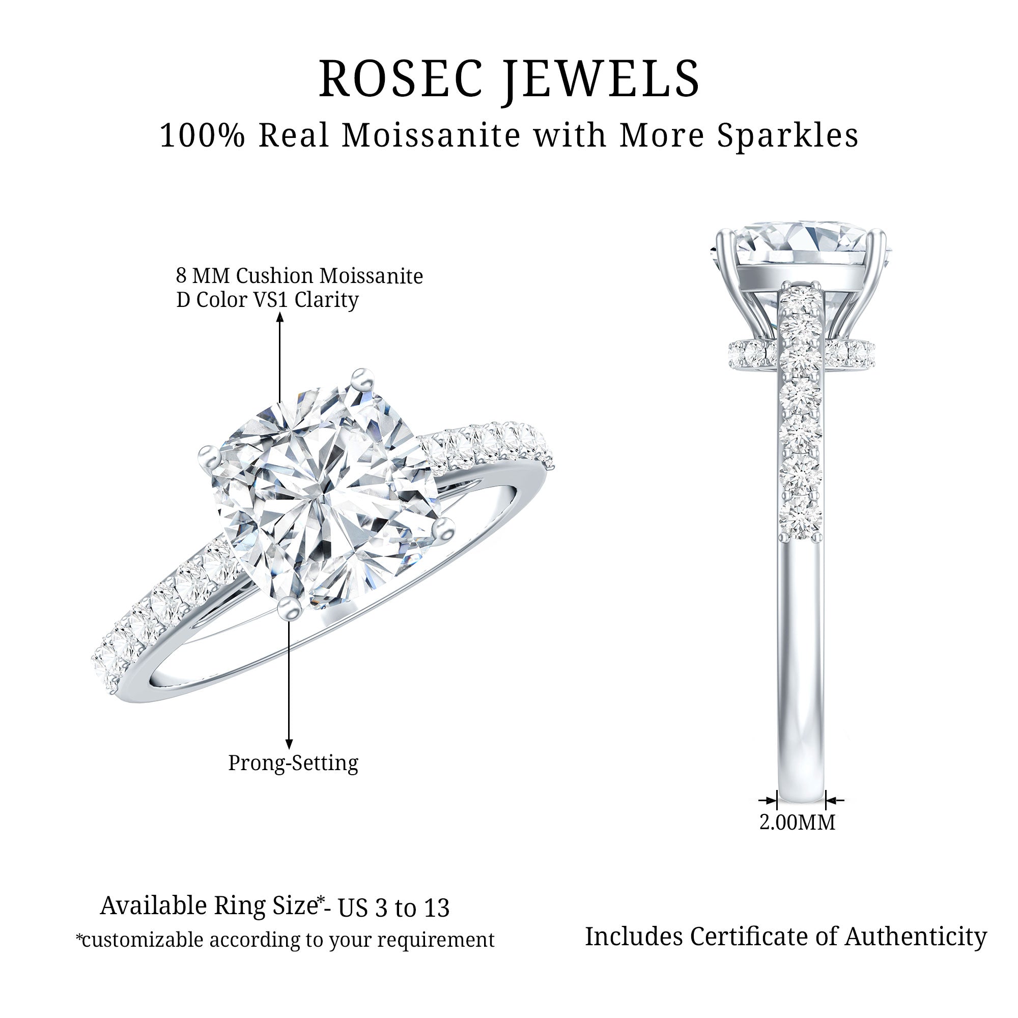Rosec Jewels-3 Carat Cushion Cut Lab Diamond Solitaire Engagement Ring IGI Certified