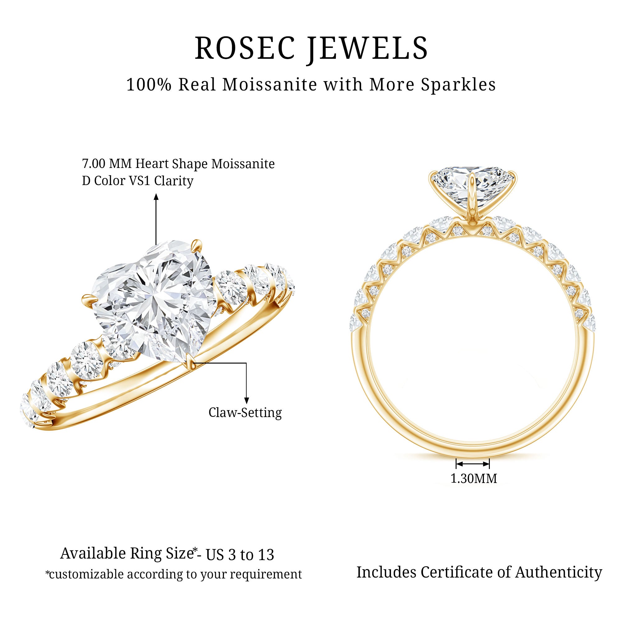 Rosec Jewels-1 Carat IGI Certified Lab Grown Diamond Heart Engagement Ring with Side Stones