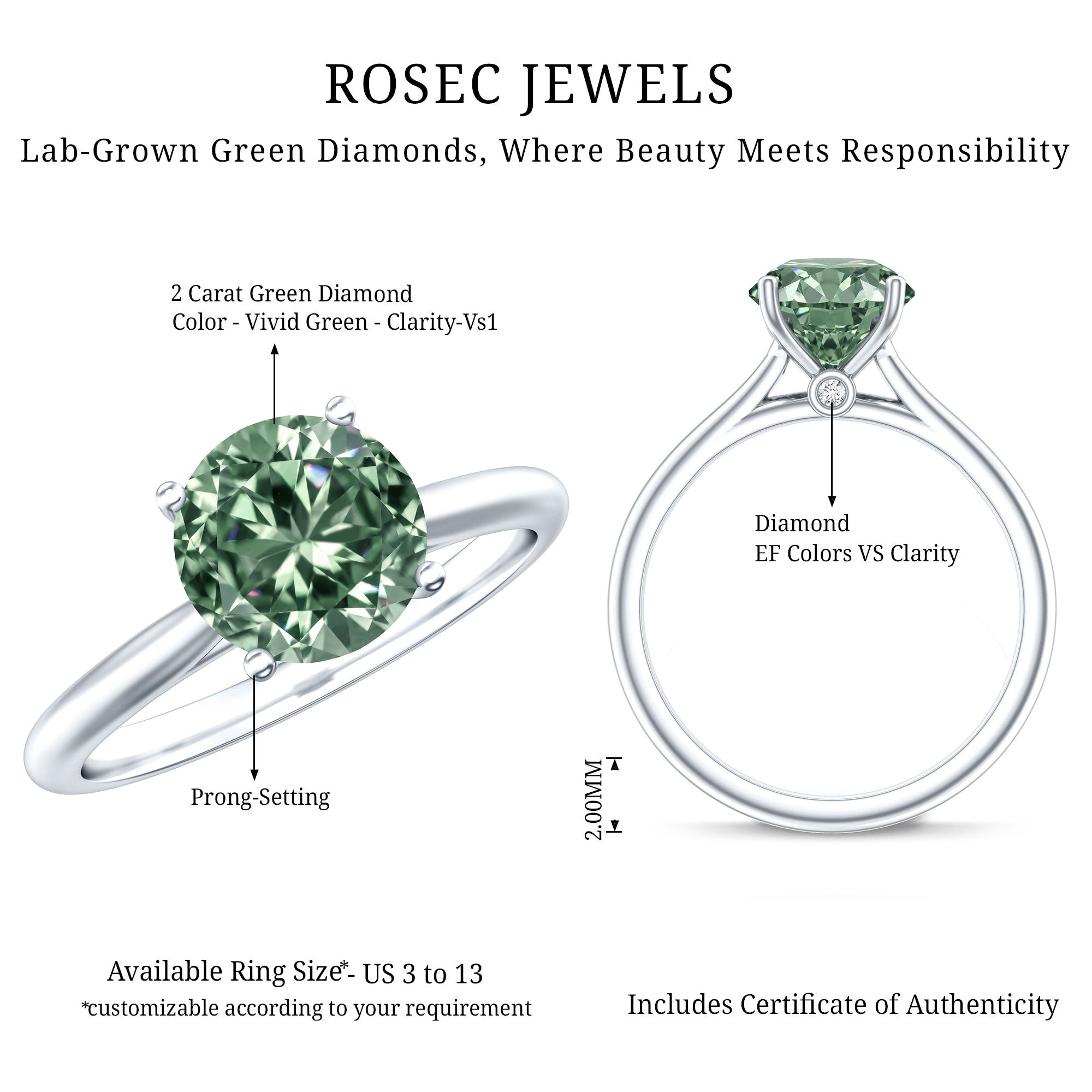 Rosec Jewels-Solitaire 2 Carat Engagement Ring with IGI Certified Lab Grown Green Diamond