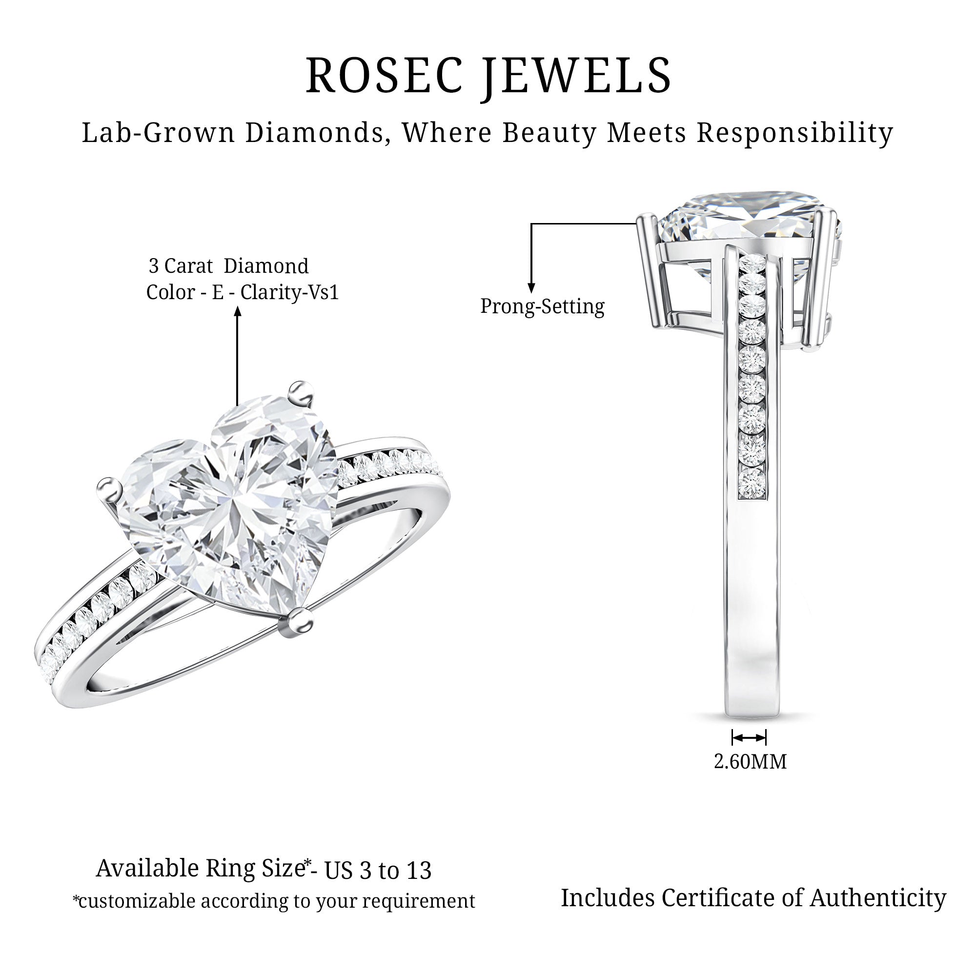 IGI Certified 3 Carat Lab Grown Diamond Heart Engagement Ring Lab - ( E-VS1 ) - Rosec Jewels