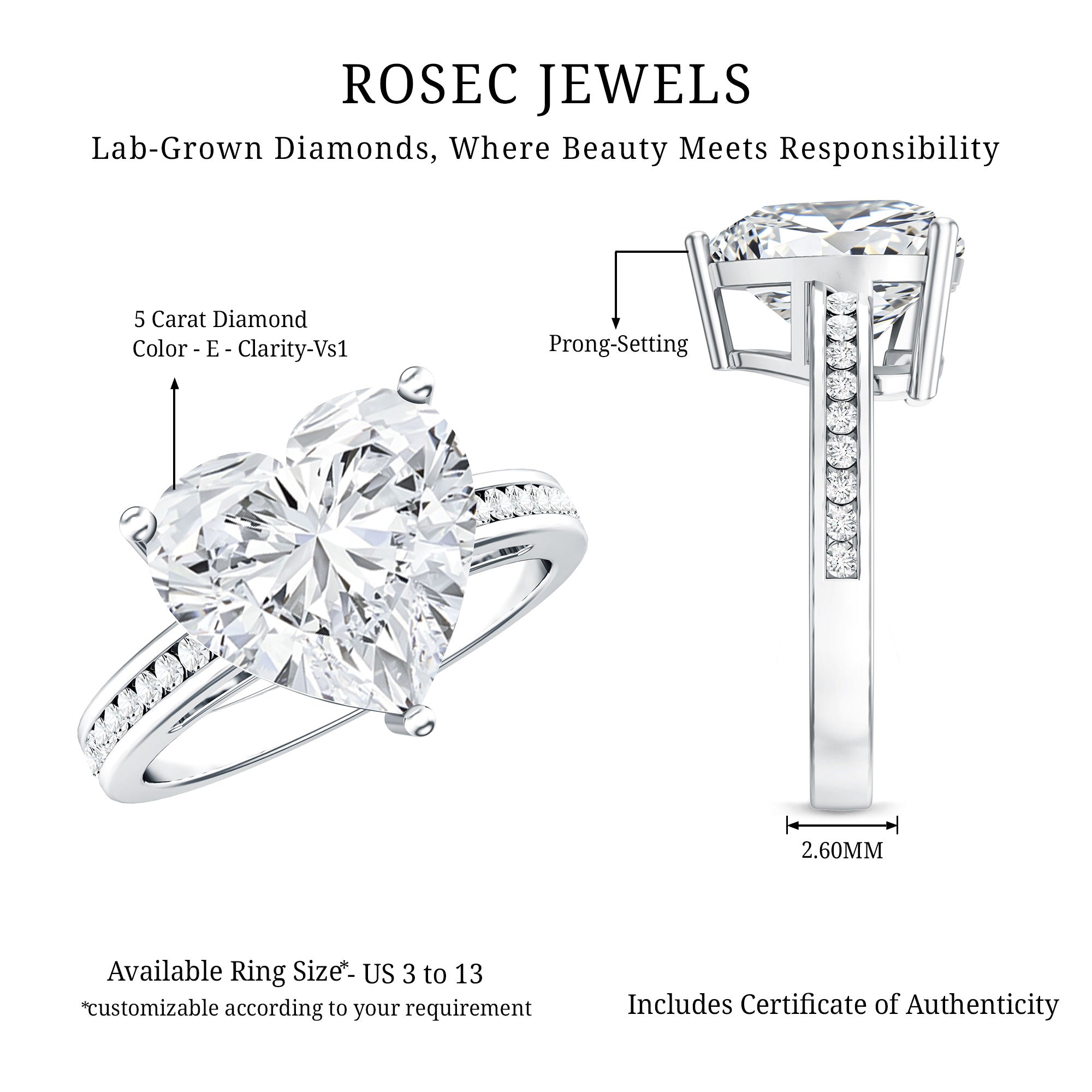 IGI Certified 5 Carat Lab Grown Diamond Heart Engagement Ring with Side Stones Lab - ( E-VS1 ) - Rosec Jewels