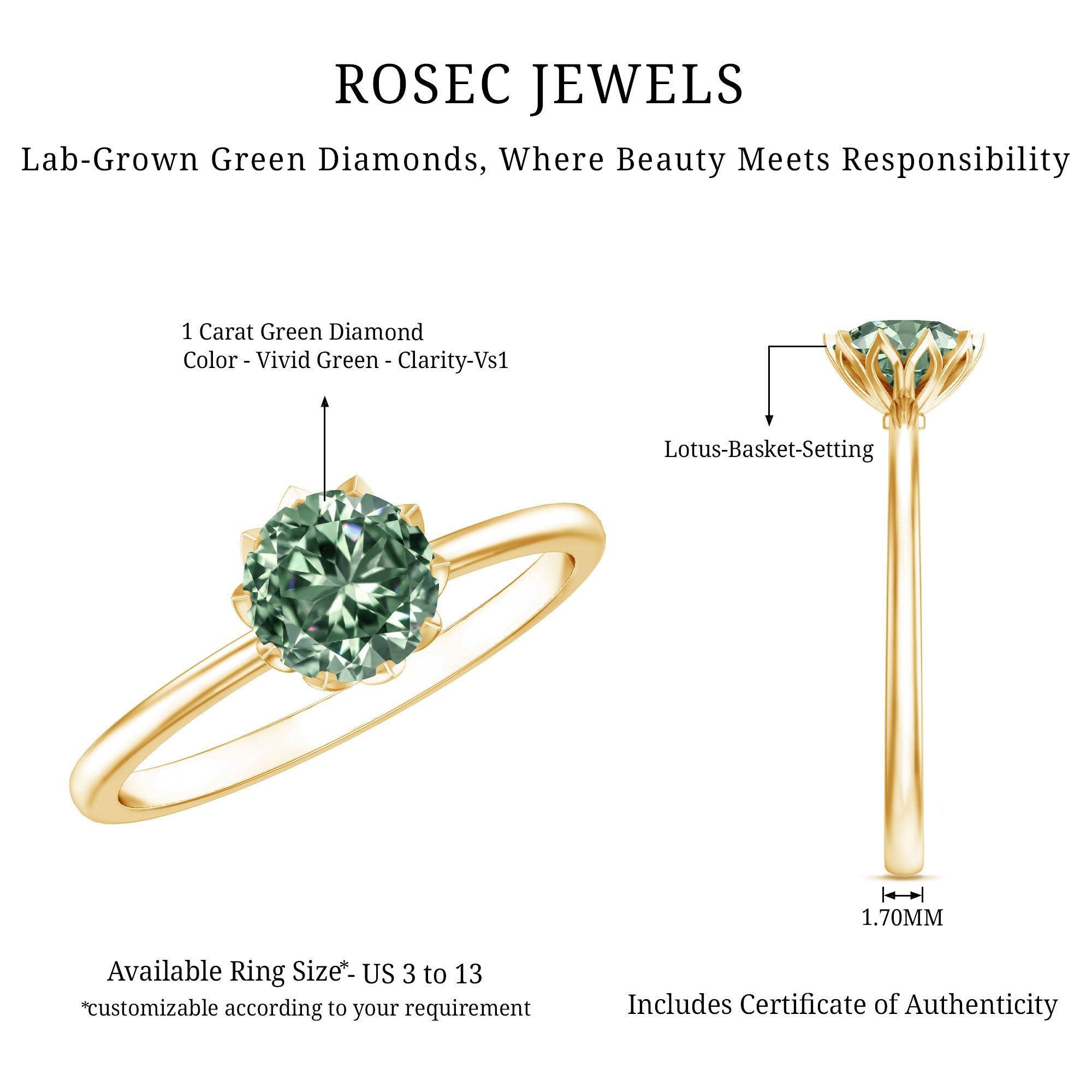 Rosec Jewels-1 Carat Lab Grown Green Diamond Lotus Basket Engagement Ring with IGI Certificate