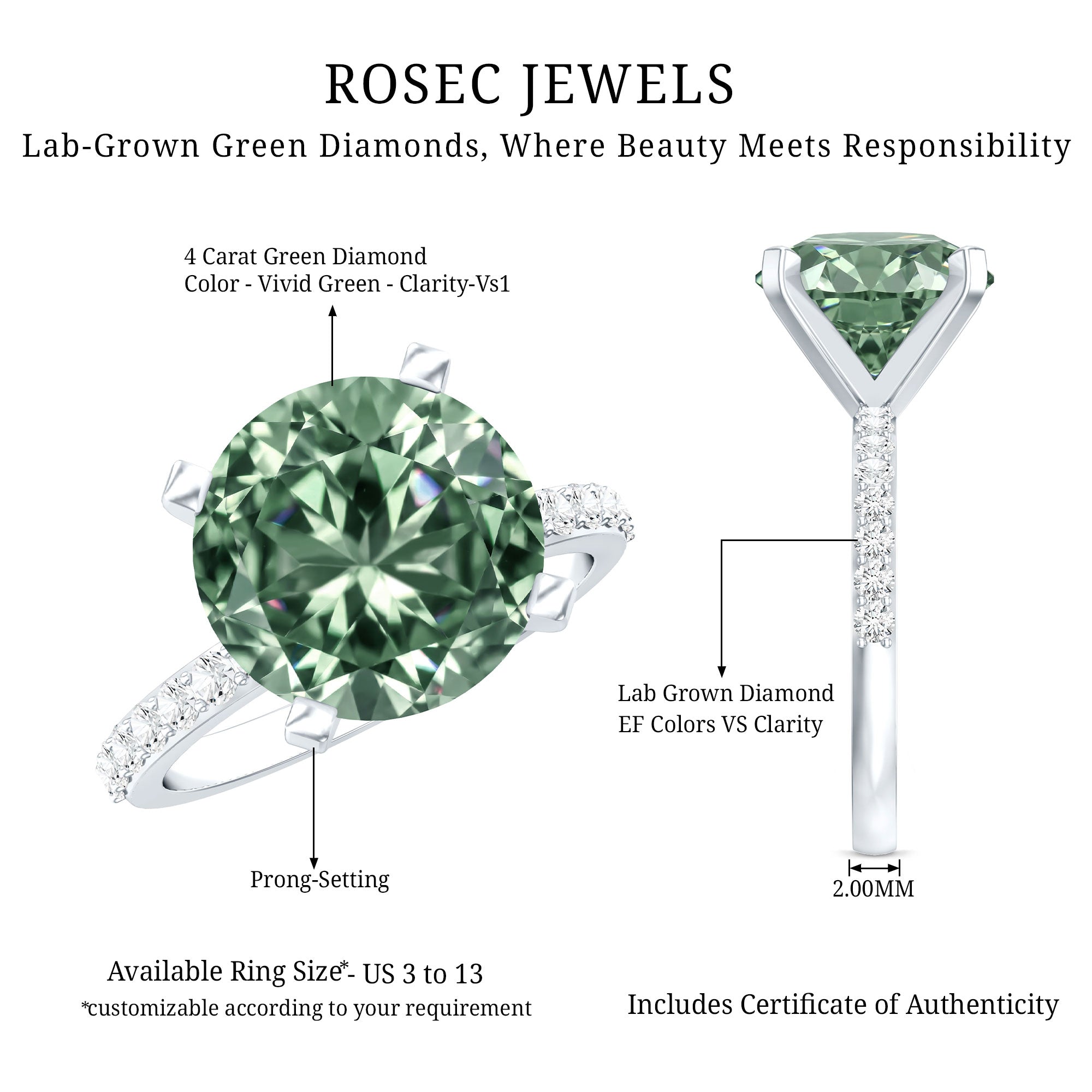 IGI Certified Lab Grown Green Diamond Round Solitaire Engagement Ring 4 Carat Vivid Green - VS1 - Rosec Jewels