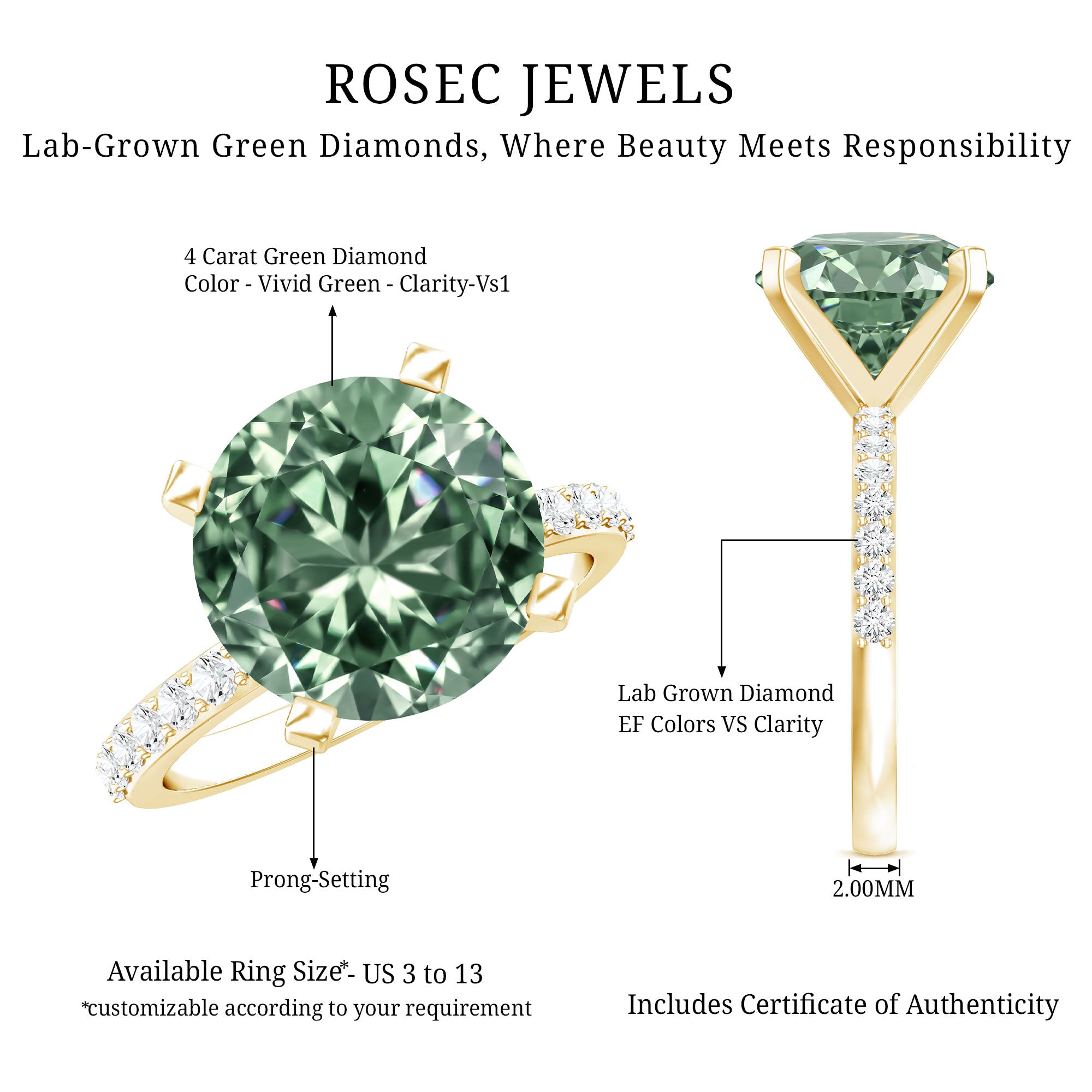 IGI Certified Lab Grown Green Diamond Round Solitaire Engagement Ring 4 Carat Vivid Green - VS1 - Rosec Jewels