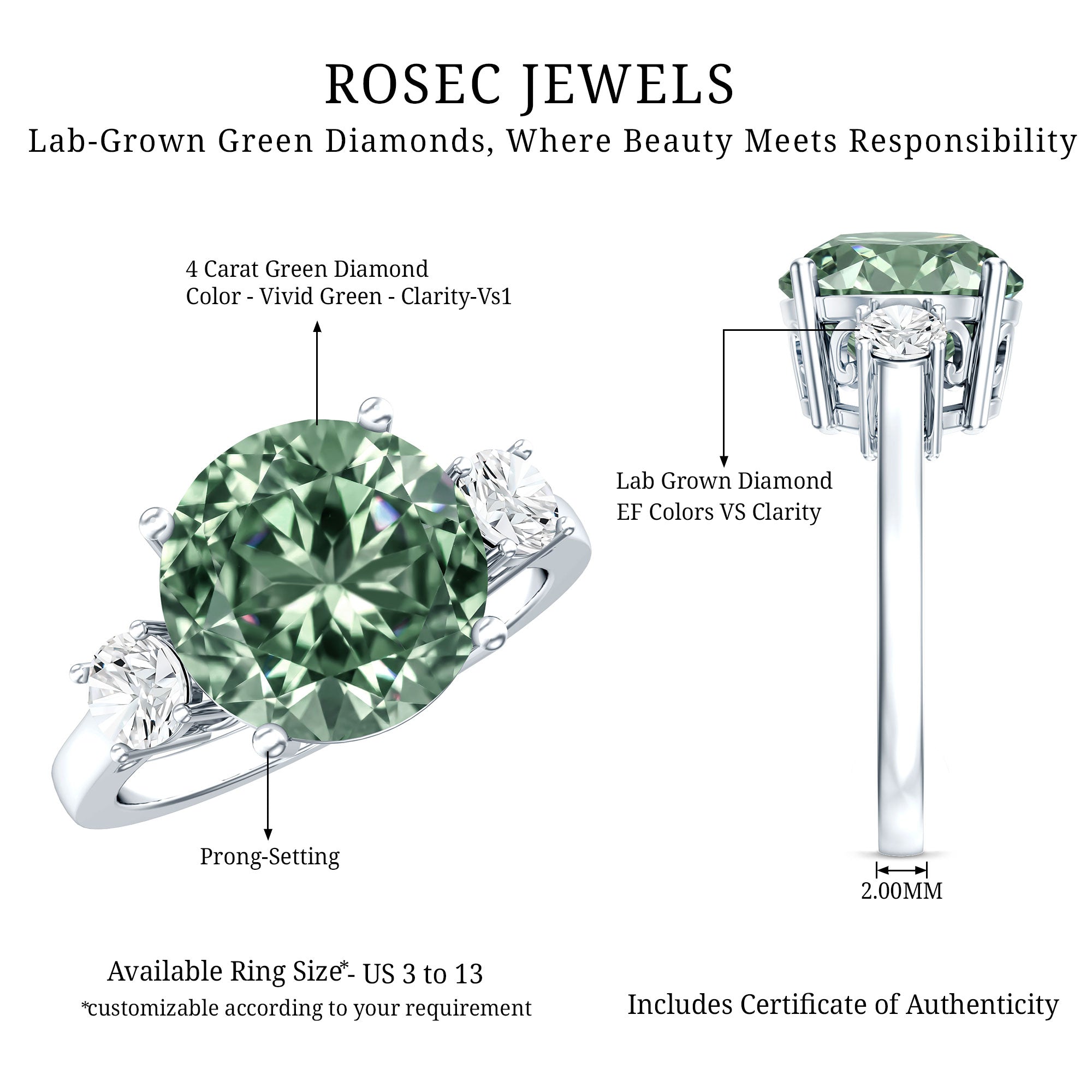 IGI Certified Lab Grown Green and White Diamond Triple Stone Engagement Ring 4 Carat Vivid Green - VS1 - Rosec Jewels