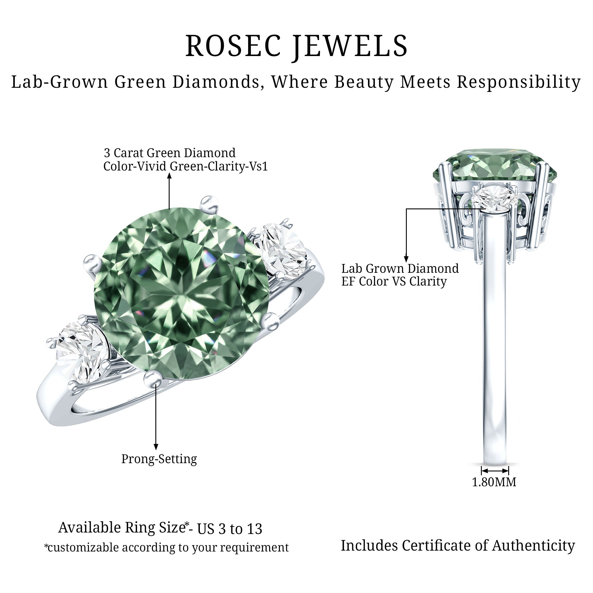 Rosec Jewels-IGI Certified 3 Carat Lab Grown Green Diamond Triple Stone Engagement Ring