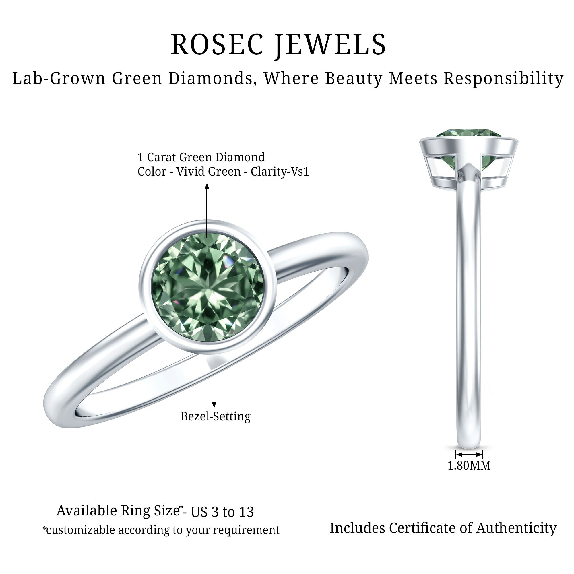 Bezel Set 1 Carat Solitaire Engagement Ring with IGI Certified Lab Created Green Diamond Vivid Green - VS1 - Rosec Jewels