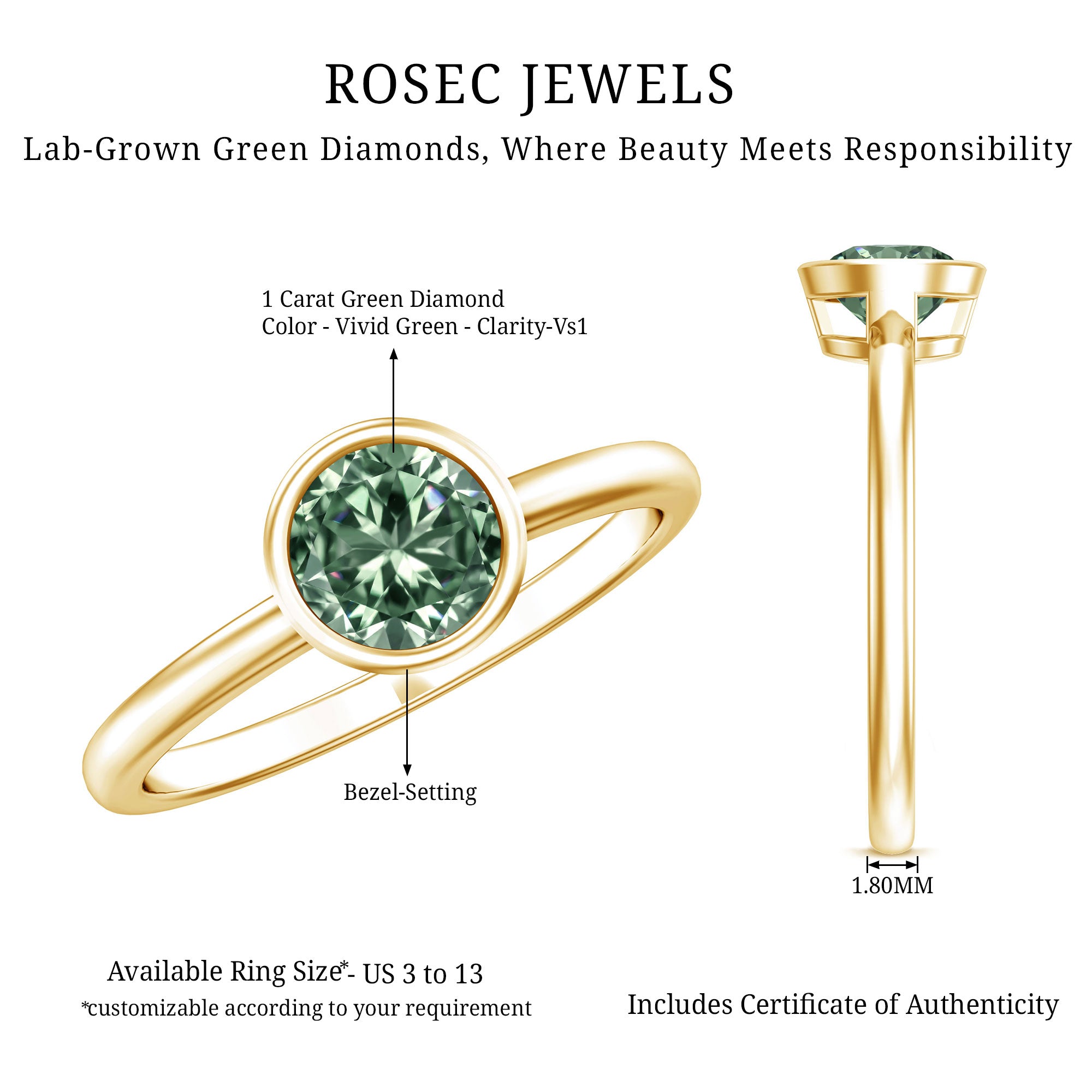Bezel Set 1 Carat Solitaire Engagement Ring with IGI Certified Lab Created Green Diamond Vivid Green - VS1 - Rosec Jewels