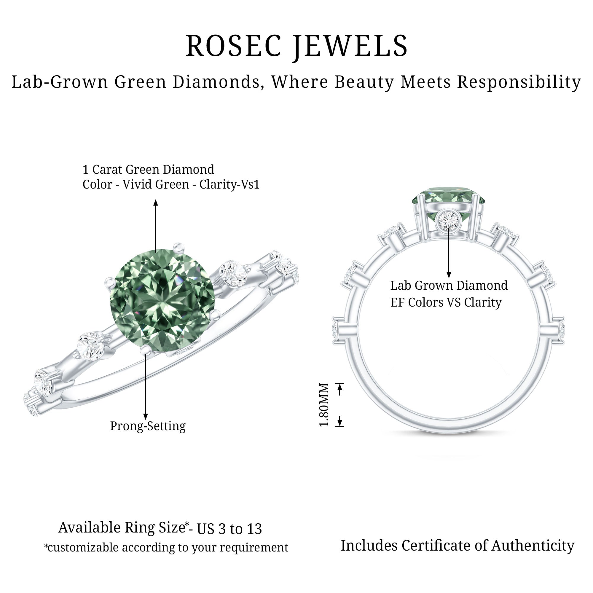 Rosec Jewels-1 Carat Lab Grown Green Diamond Solitaire Engagement Ring IGI Certified