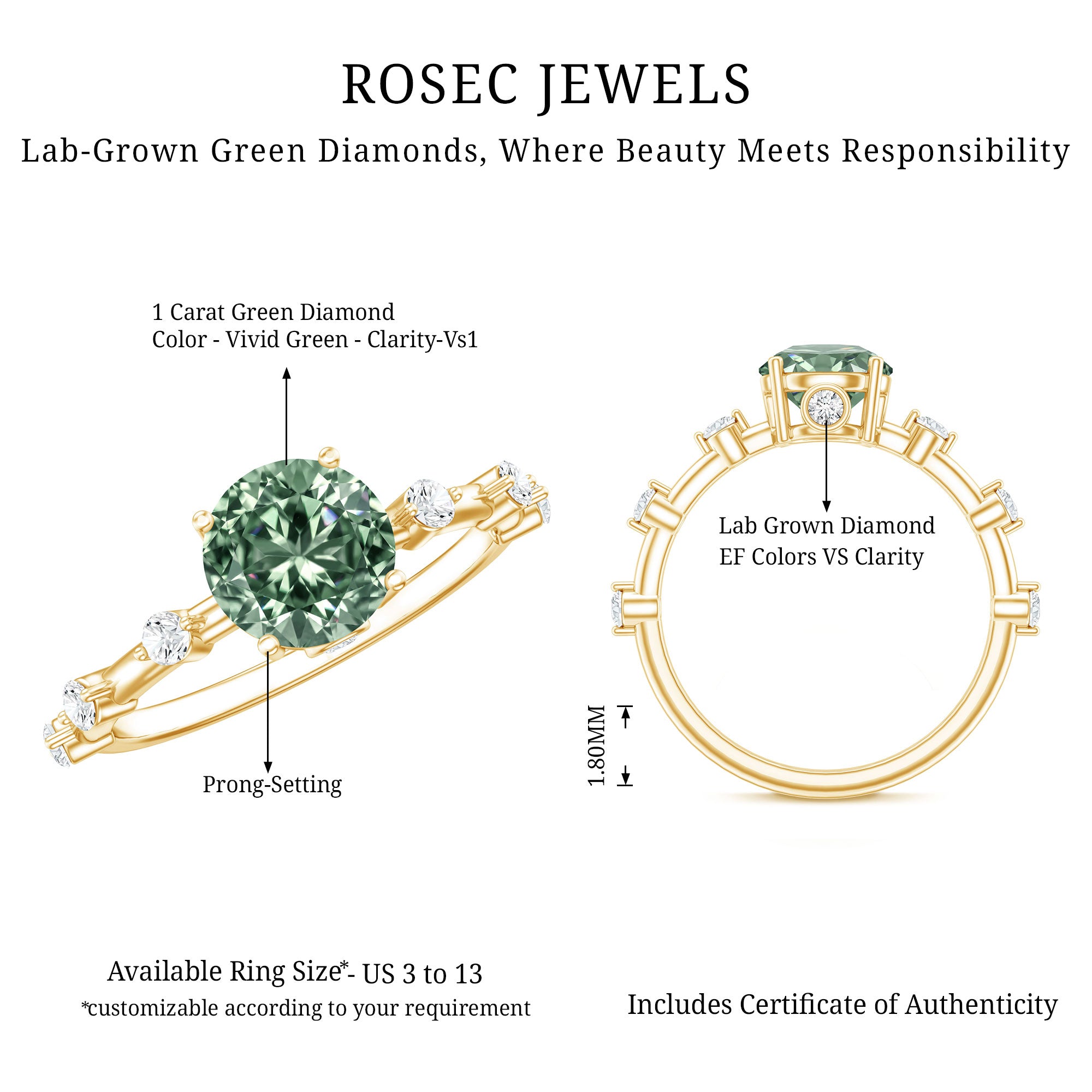 Rosec Jewels-1 Carat Lab Grown Green Diamond Solitaire Engagement Ring IGI Certified