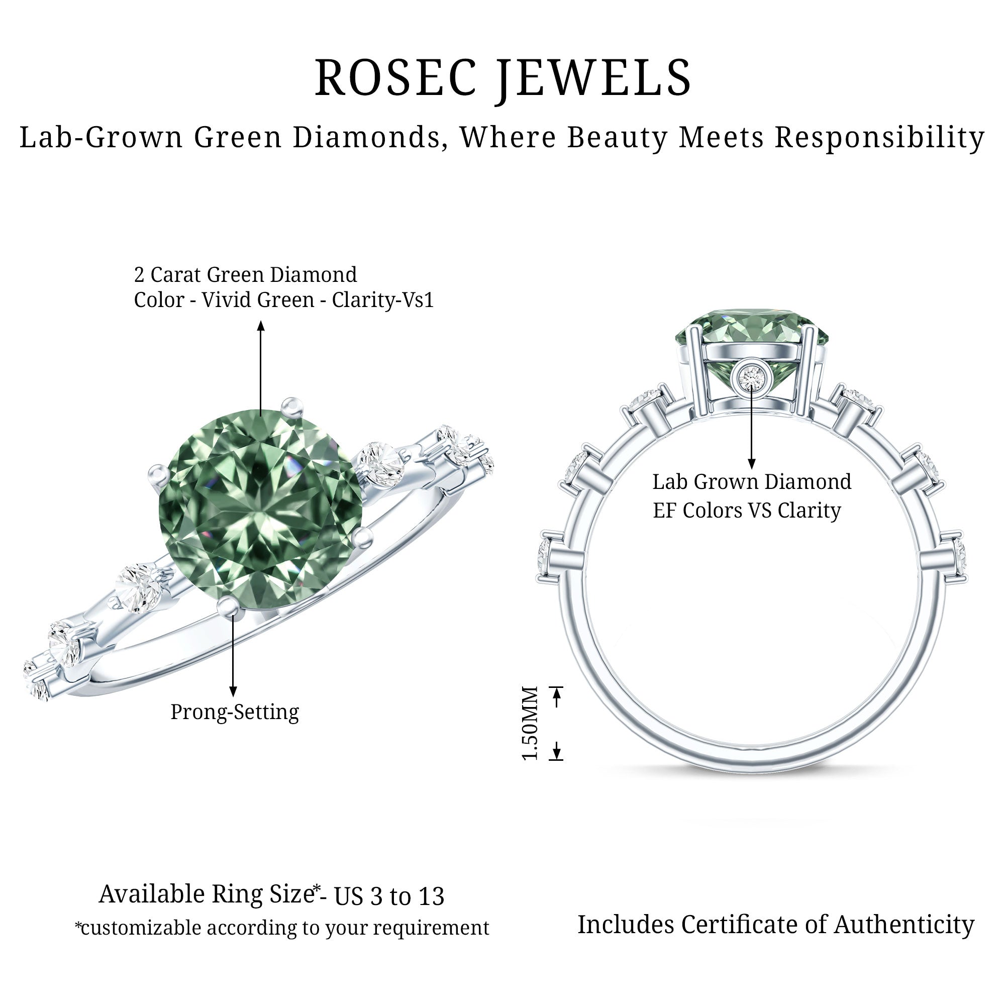 Rosec Jewels-Lab Grown 2 Carat Green Diamond Engagement Ring with IGI Certificate