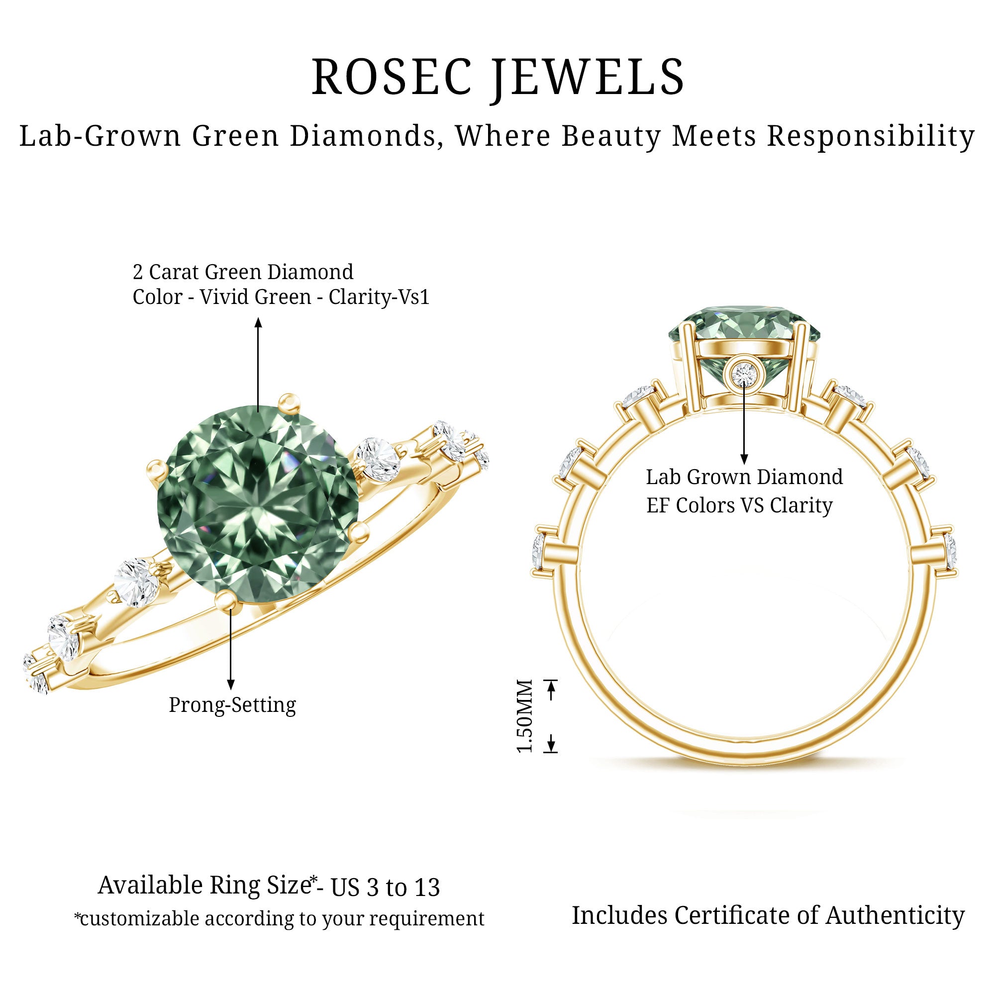 Rosec Jewels-Lab Grown 2 Carat Green Diamond Engagement Ring with IGI Certificate