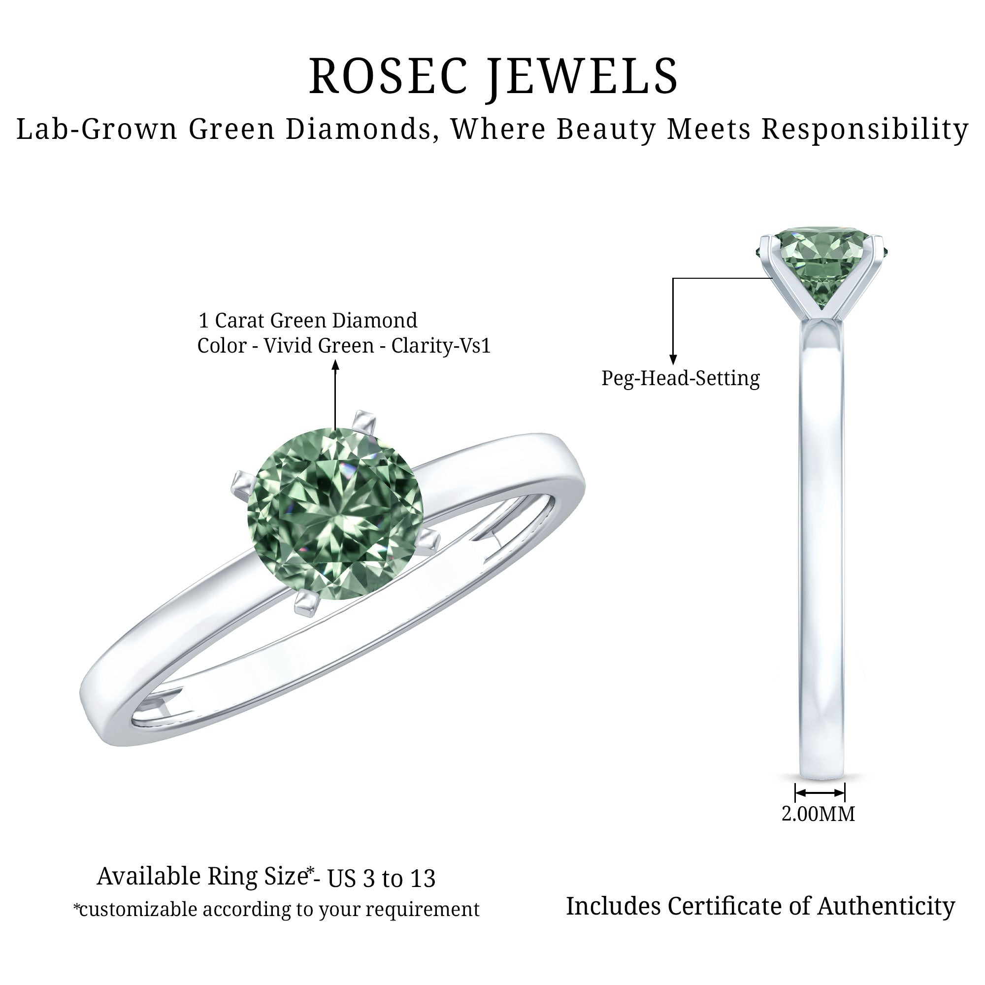 Rosec Jewels-IGI Certified 1 Carat Lab Grown Green Diamond Ring Solitaire