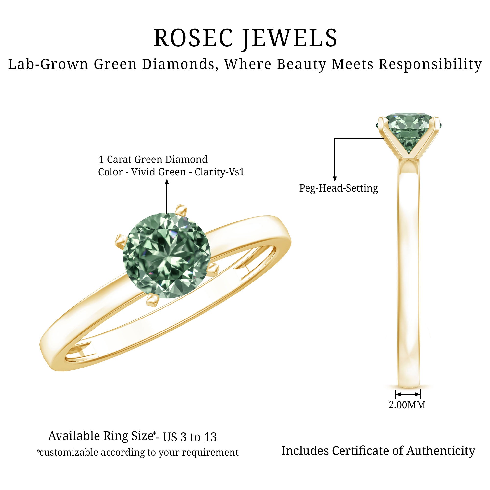 Rosec Jewels-IGI Certified 1 Carat Lab Grown Green Diamond Ring Solitaire