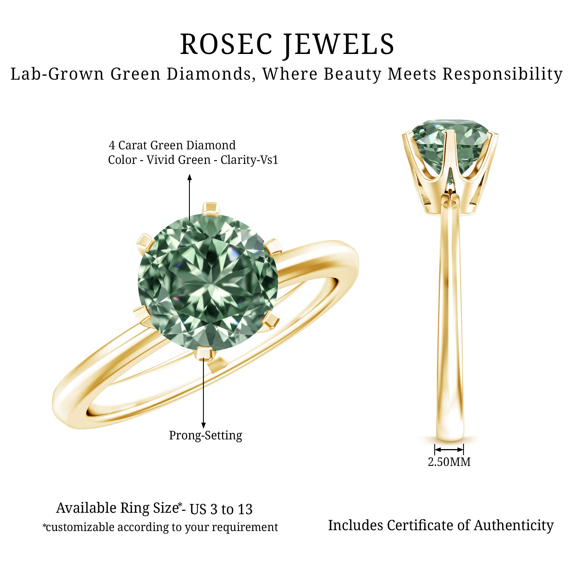 Rosec Jewels-2 Carat Lab Grown Vivid Green Diamond Solitaire Engagement Ring with IGI Certificate