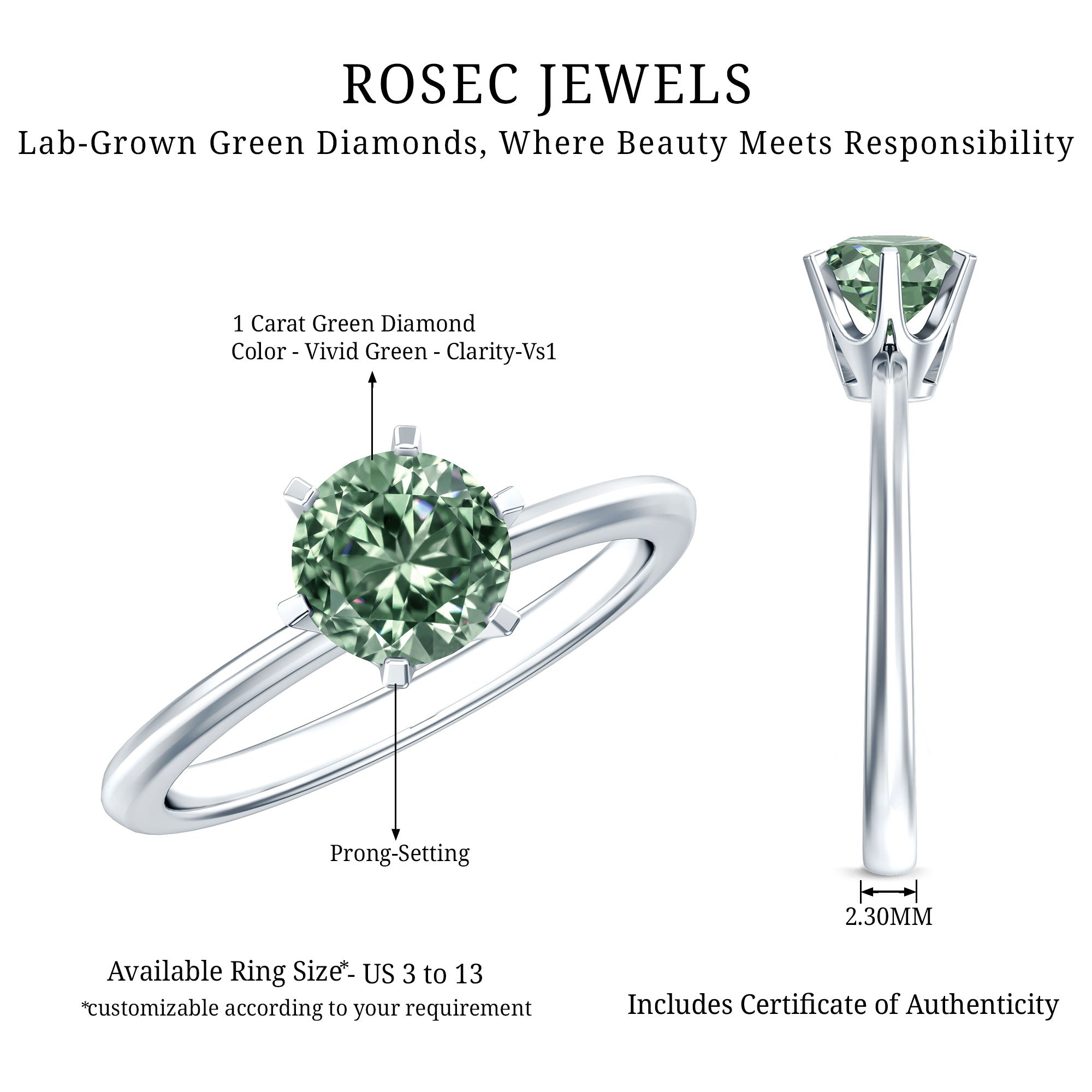 Rosec Jewels-Lab Grown Green Diamond 1 Carat Solitaire Ring with IGI Certificate
