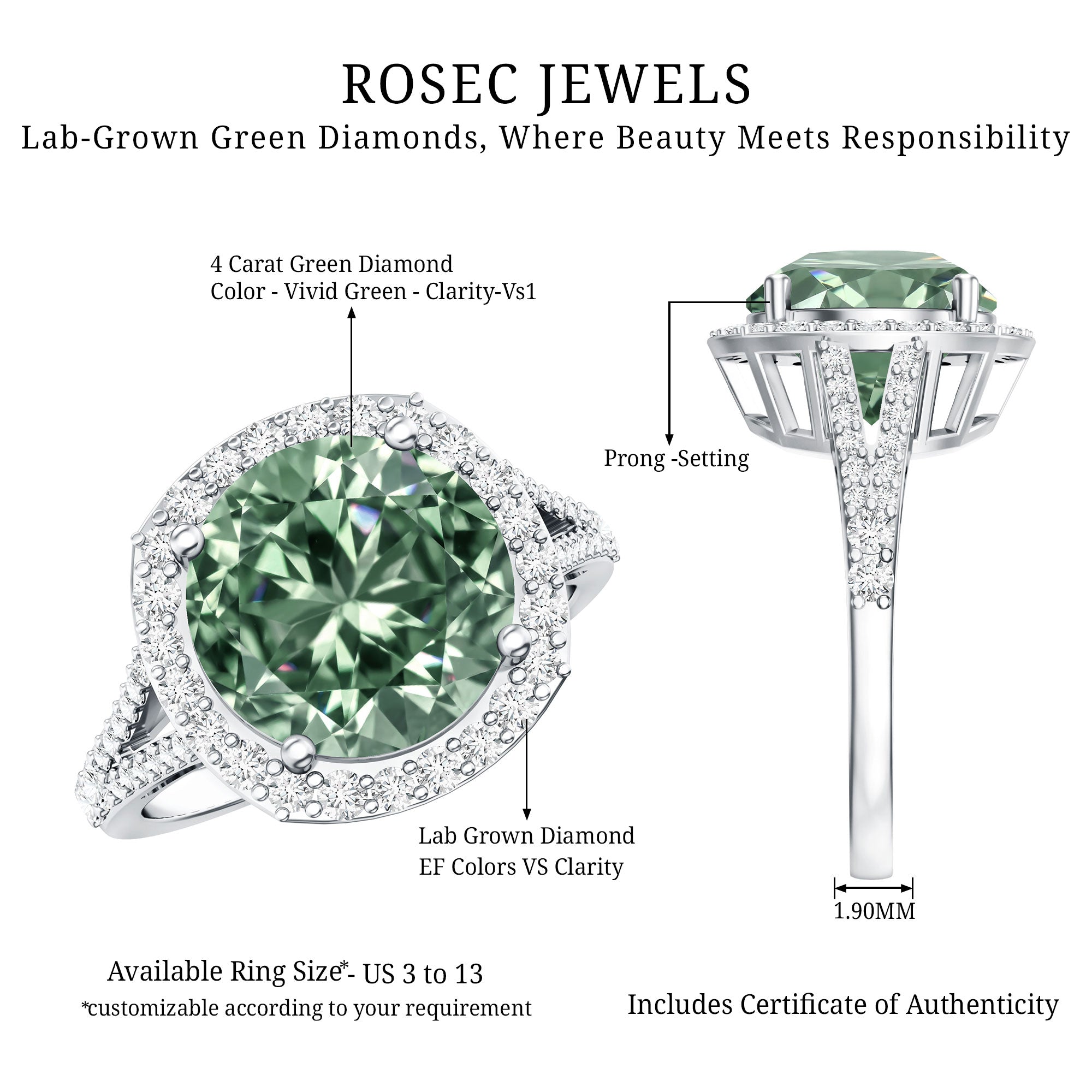 Rosec Jewels-IGI Certified 4 Carat Lab Grown Green Diamond Statement Engagement Ring with Split Shank