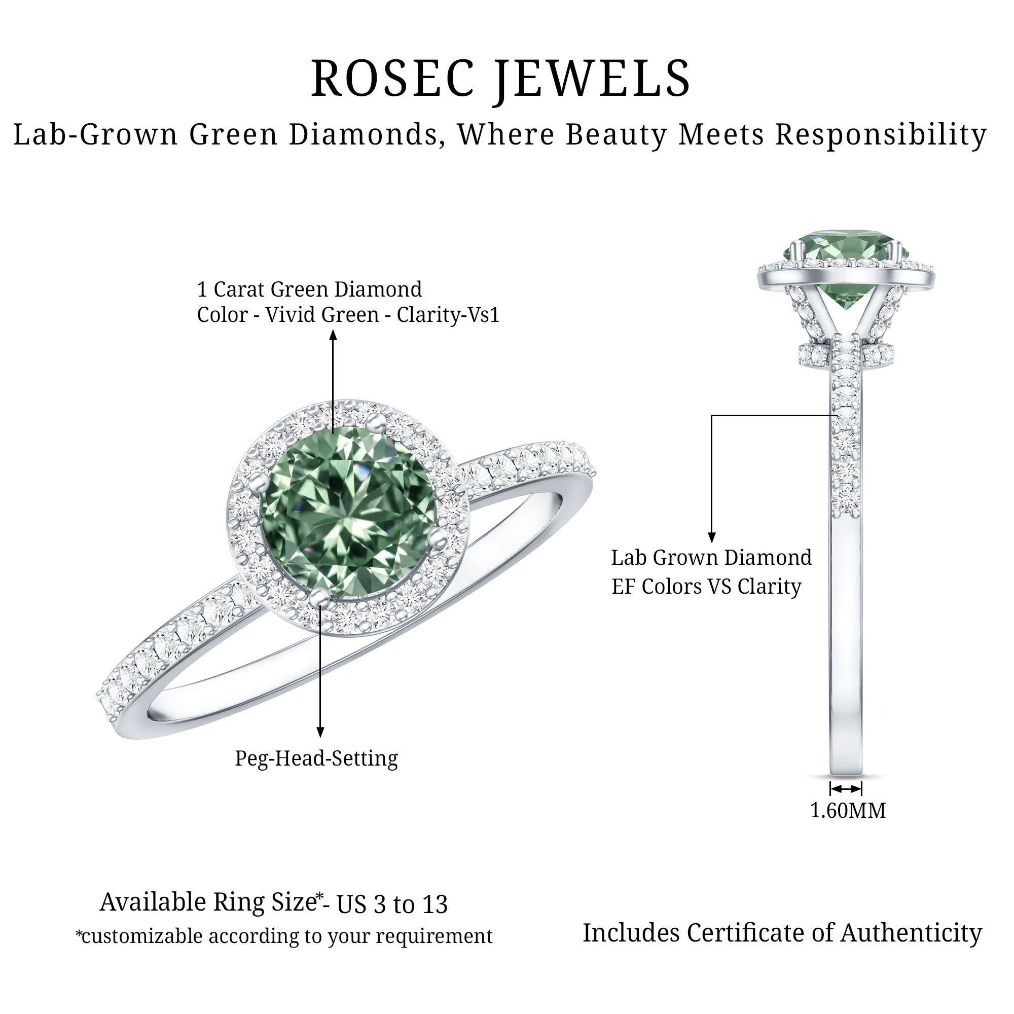 Lab Grown 1 Carat Green Diamond Halo Engagement Ring with IGI Certificate Vivid Green - VS1 - Rosec Jewels