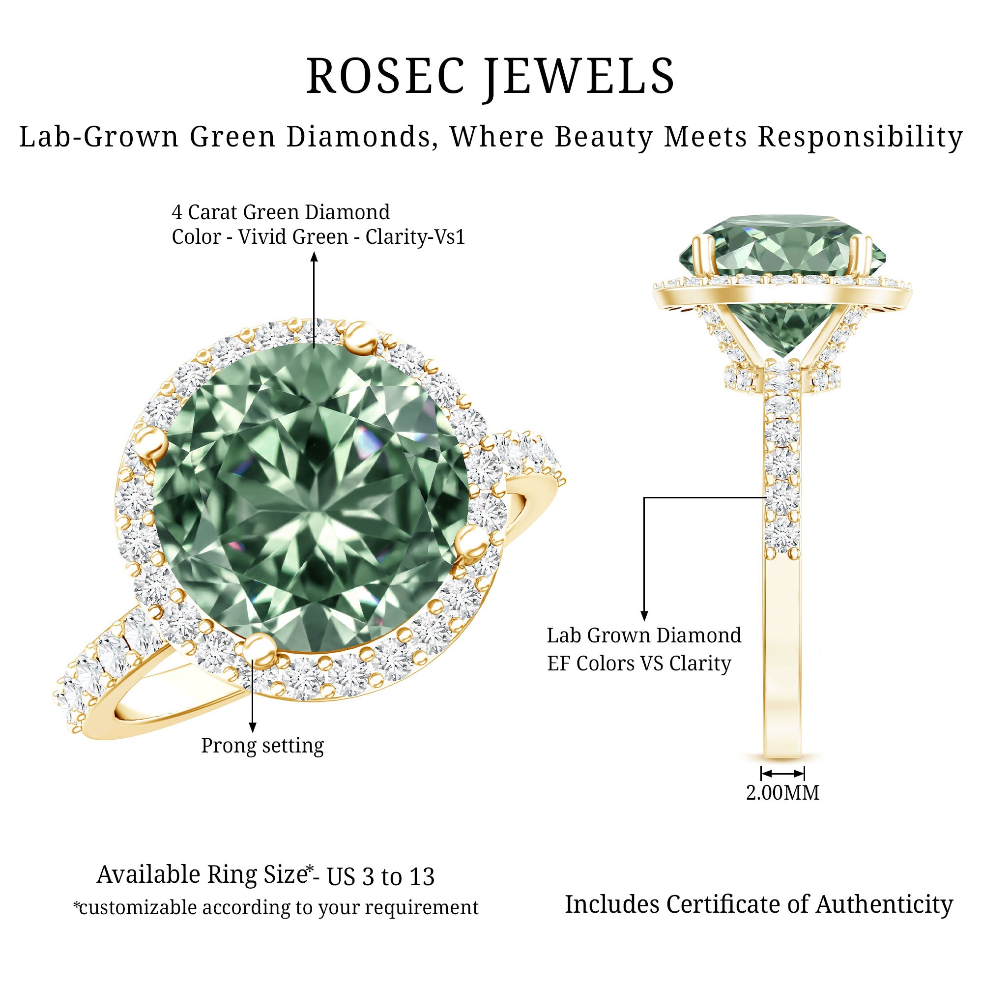 IGI Certified Lab Created Green Diamond Halo Engagement Ring 4 Carat Vivid Green - VS1 - Rosec Jewels