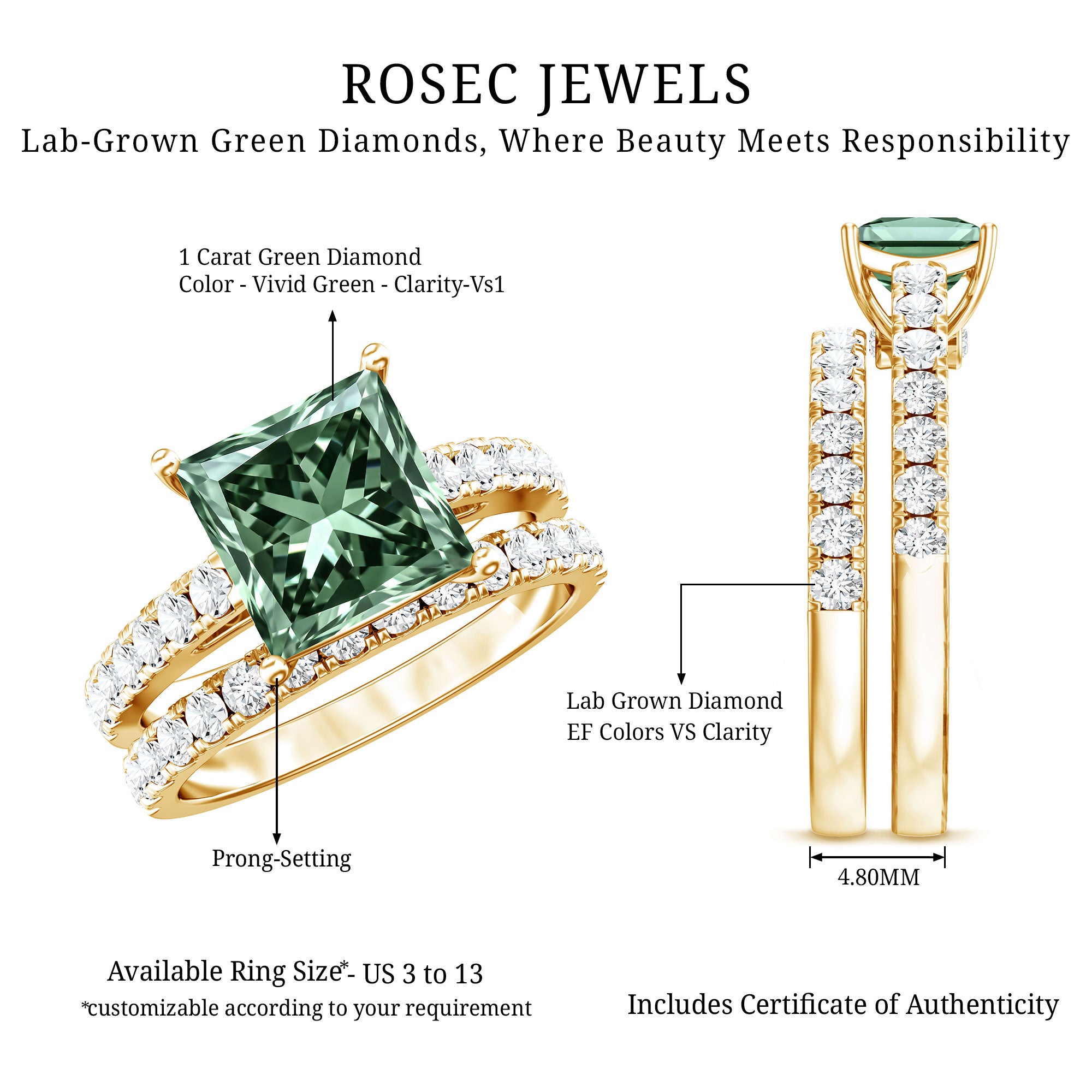 IGI Certified 1 Carat Princess Cut Lab Grown Green Diamond Bridal Ring Set Vivid Green - VS1 - Rosec Jewels