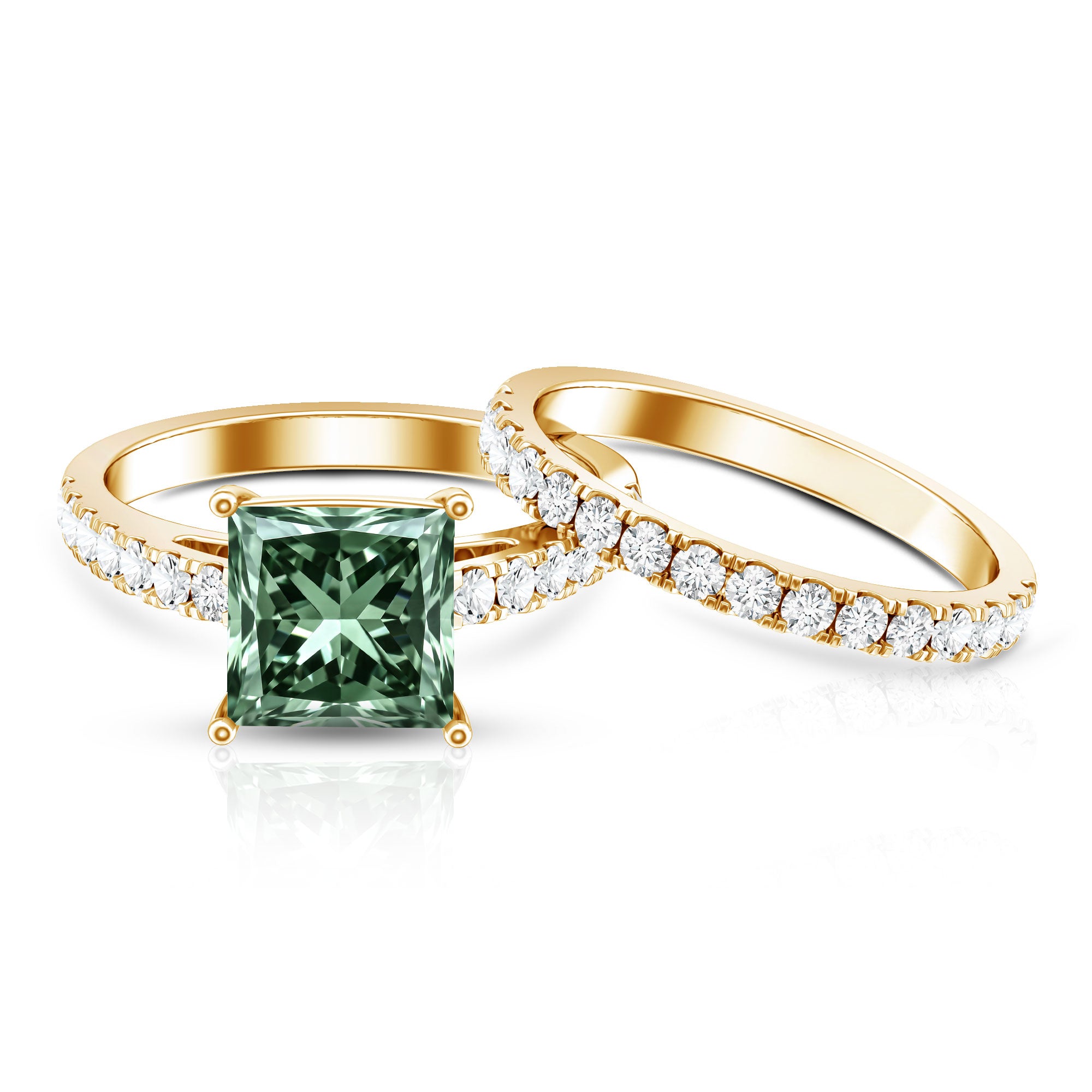 IGI Certified 1 Carat Princess Cut Lab Grown Green Diamond Bridal Ring Set Vivid Green - VS1 - Rosec Jewels