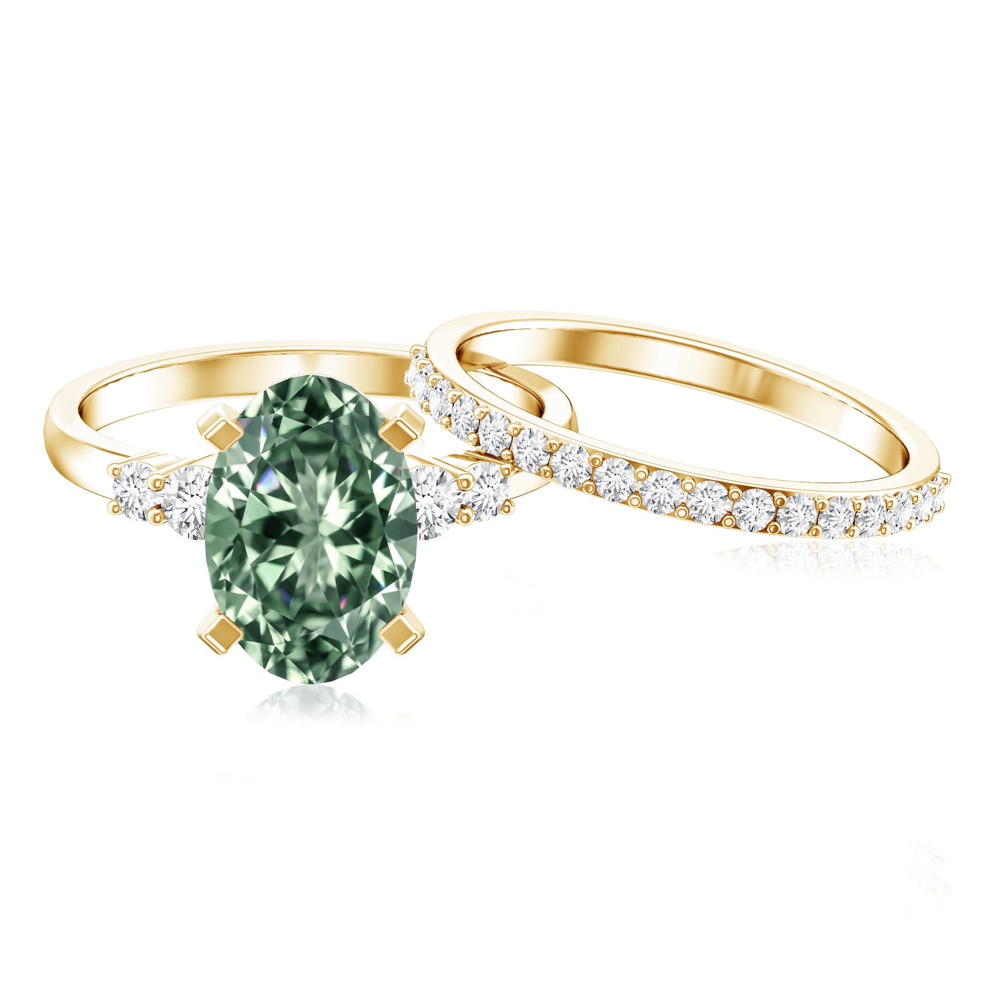 IGI Certified Oval Lab Grown Green Diamond Wedding Ring Set 4 Carat Vivid Green - VS1 - Rosec Jewels